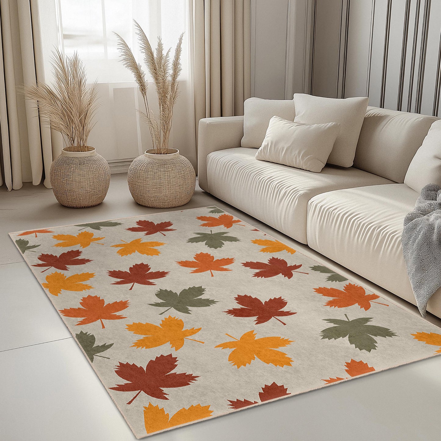 Autumn Leaves Rectangular Area Rug, Leaf Pattern Floor Mat, Seasonal Decor Rug, Nature Inspired Carpet for Living Room