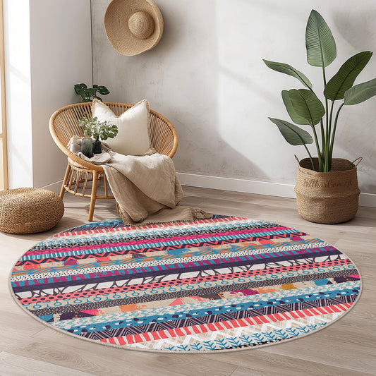 Vibrant Geometric Pattern Round Area Rug, Colorful Boho Chic Rug, Soft Round Carpet for Living Room, Modern Home Decor