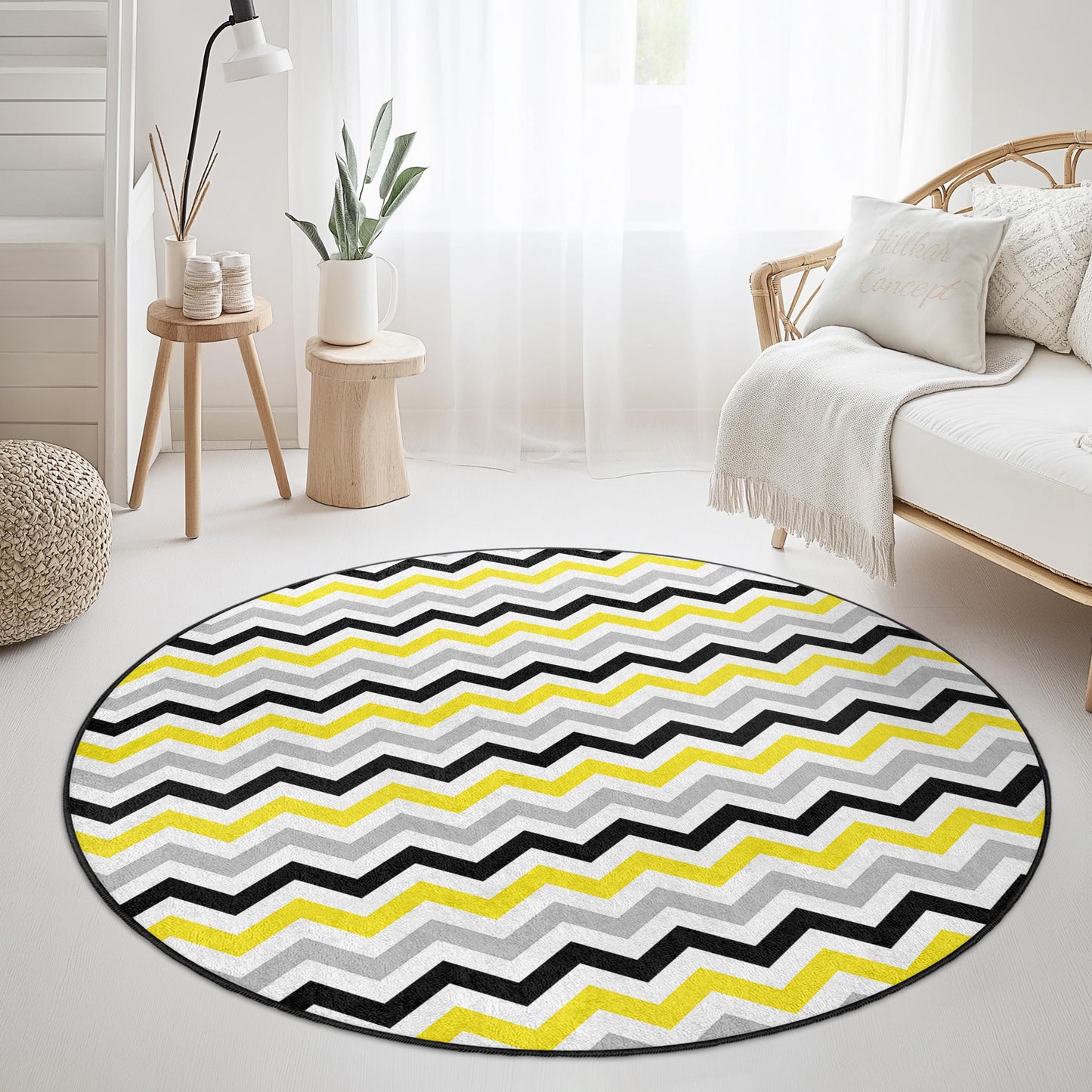 Modern Chevron Pattern Round Area Rug, Yellow and Gray Zigzag Rug, Soft Round Carpet for Living Room, Bedroom, Home Decor