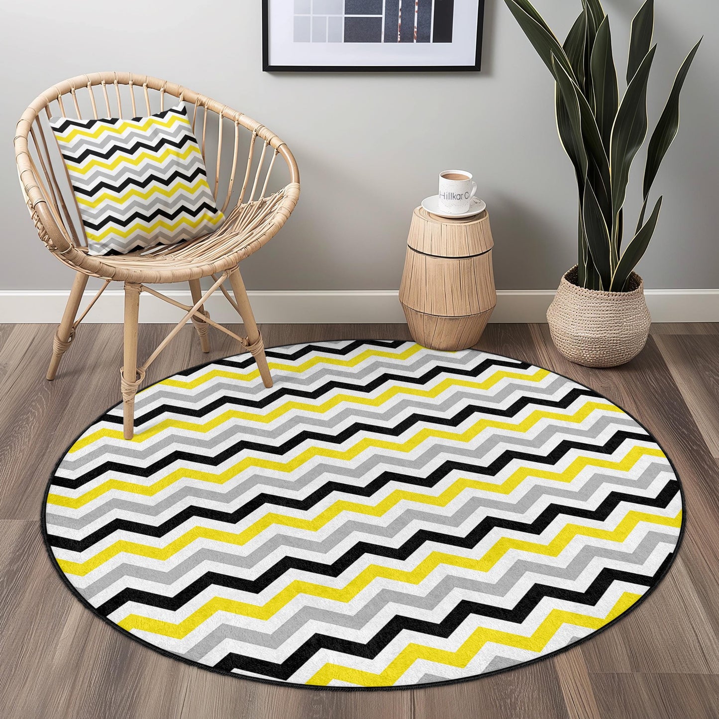 Modern Chevron Pattern Round Area Rug, Yellow and Gray Zigzag Rug, Soft Round Carpet for Living Room, Bedroom, Home Decor