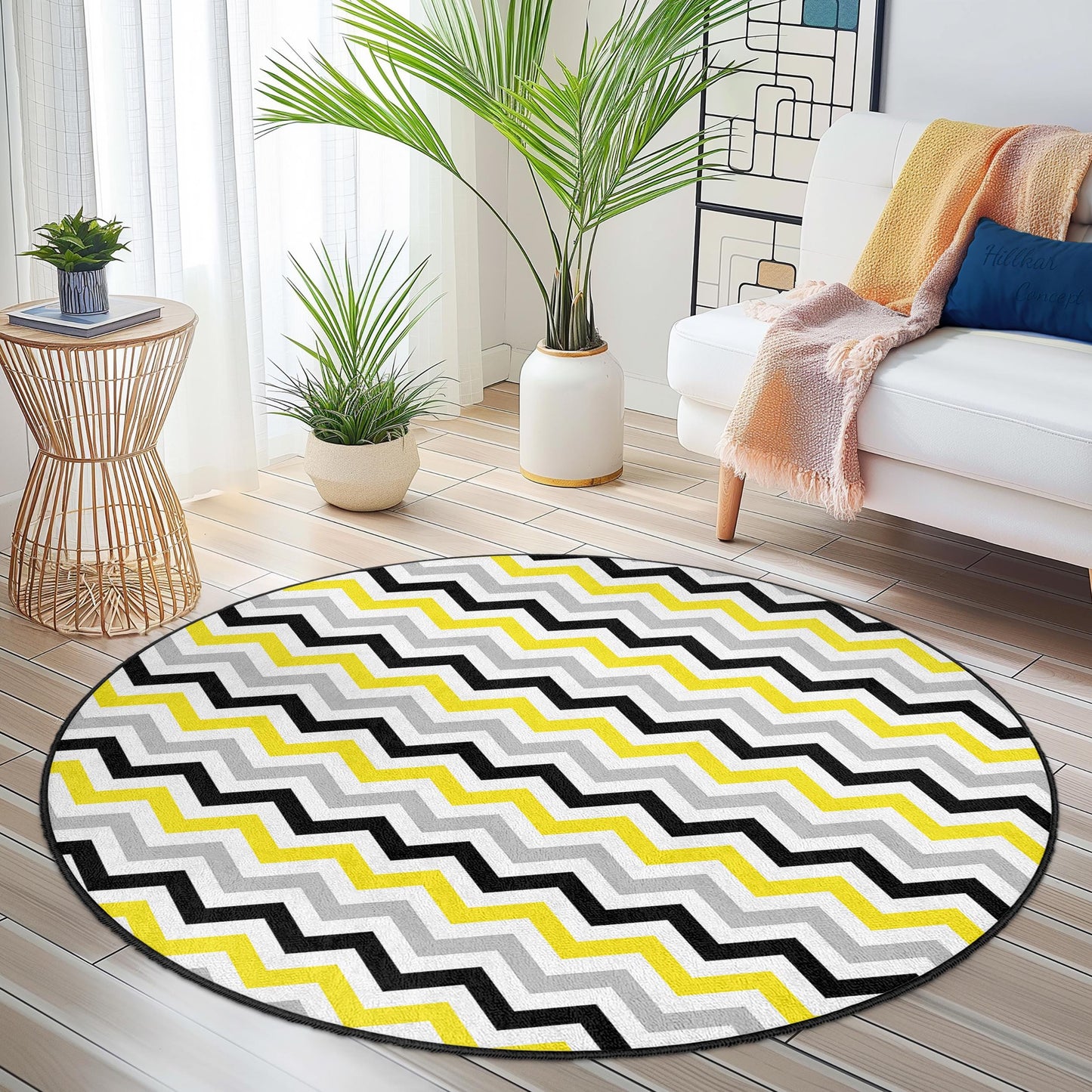 Modern Chevron Pattern Round Area Rug, Yellow and Gray Zigzag Rug, Soft Round Carpet for Living Room, Bedroom, Home Decor