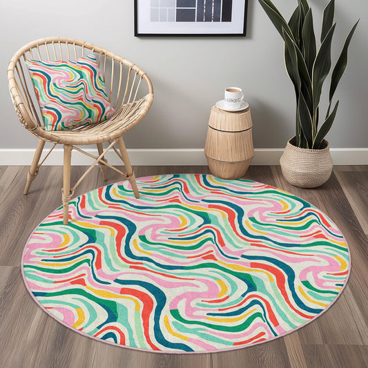 Colorful Abstract Round Area Rug, Modern Swirl Design, Bohemian Circle Rug for Living Room, Bedroom, Home Decor