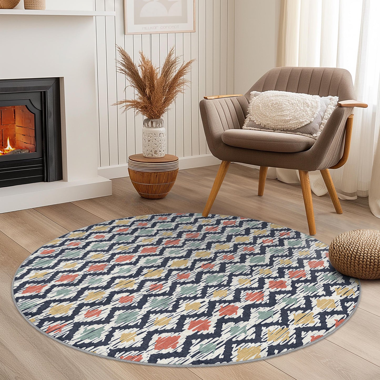 Colorful Geometric Round Area Rug, Modern Round Carpet, Boho Decor, Living Room Rug, Bedroom Accent Rug, Stylish Round Rug