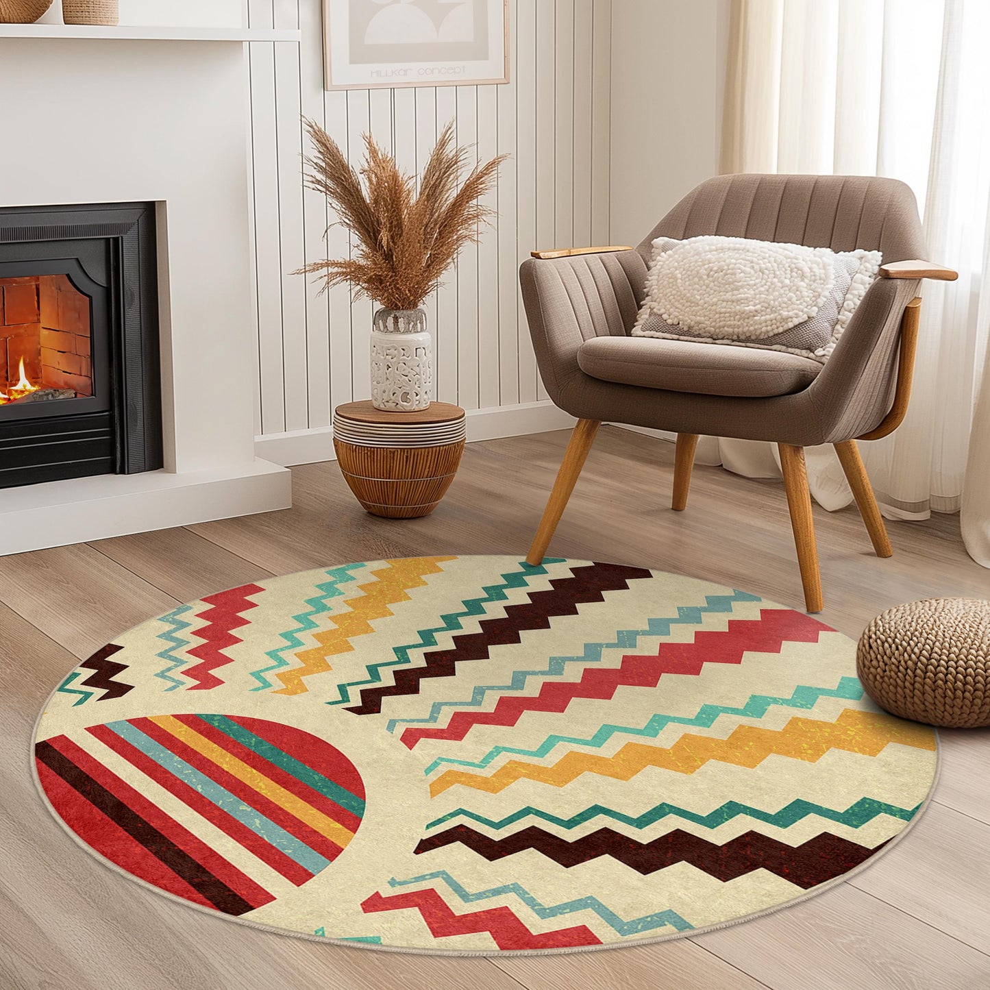 Colorful Geometric Round Rug, Stylish Circle Area Rug, Modern Home Decor, Boho Chic Rug, Living Room Accent Rug