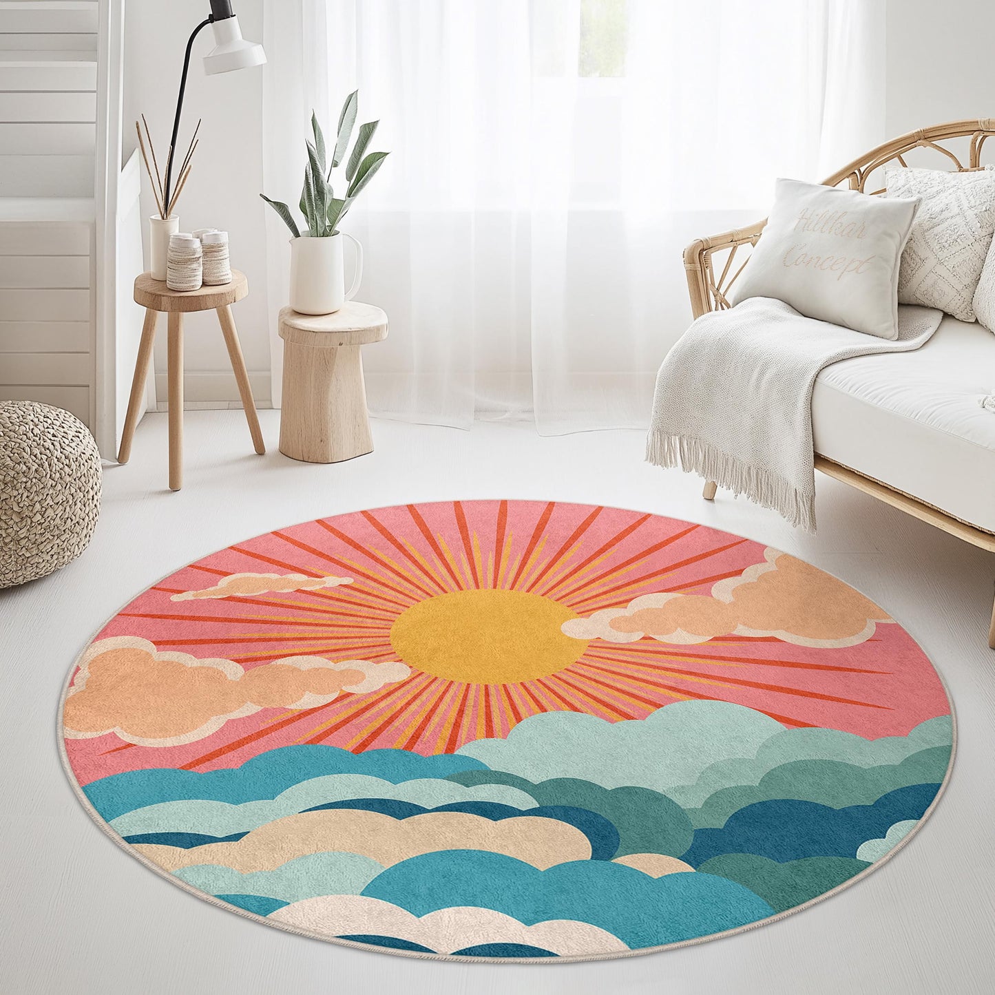 Sunrise Clouds Round Area Rug, Boho Chic Round Carpet, Colorful Sun and Clouds Rug, Home Decor, Living Room Rug, Bedroom Rug