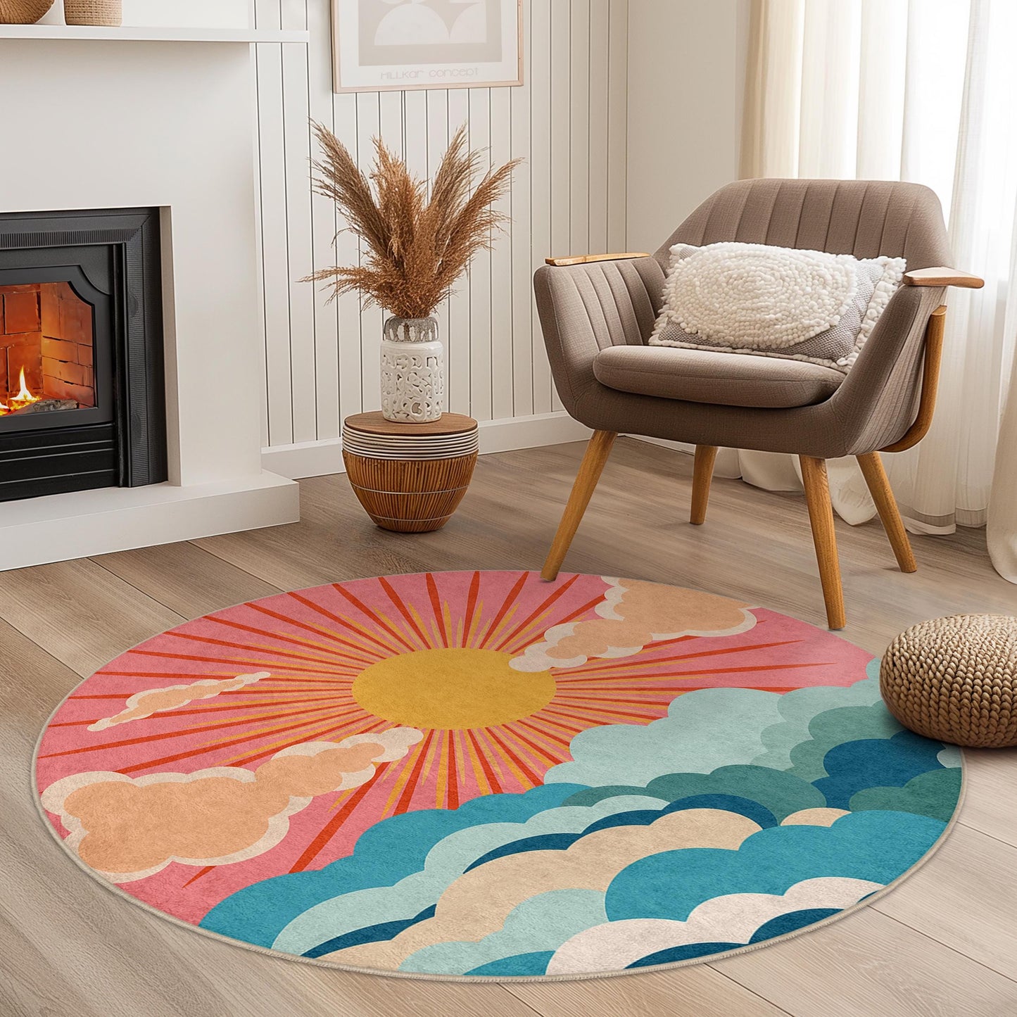 Sunrise Clouds Round Area Rug, Boho Chic Round Carpet, Colorful Sun and Clouds Rug, Home Decor, Living Room Rug, Bedroom Rug