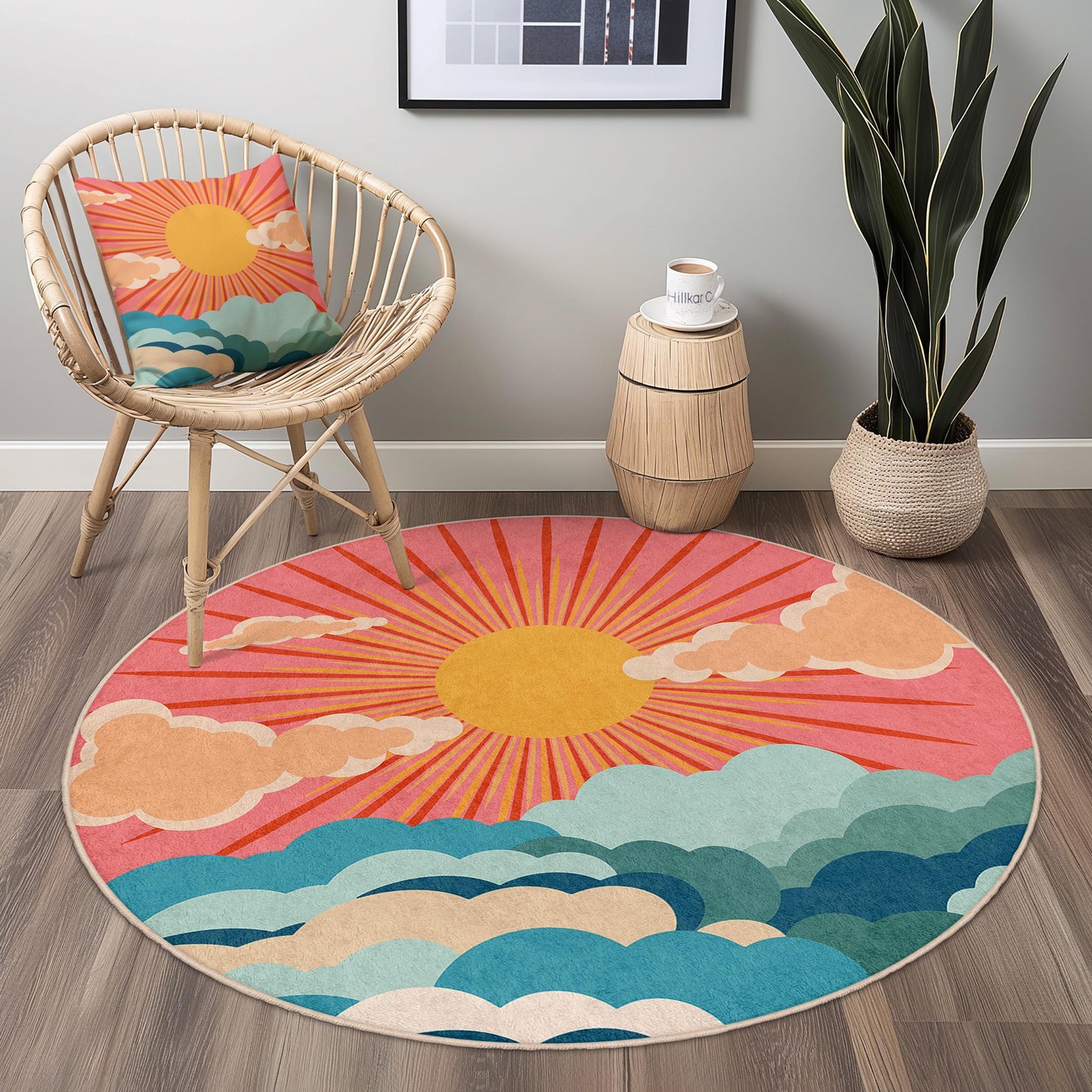Sunrise Clouds Round Area Rug, Boho Chic Round Carpet, Colorful Sun and Clouds Rug, Home Decor, Living Room Rug, Bedroom Rug