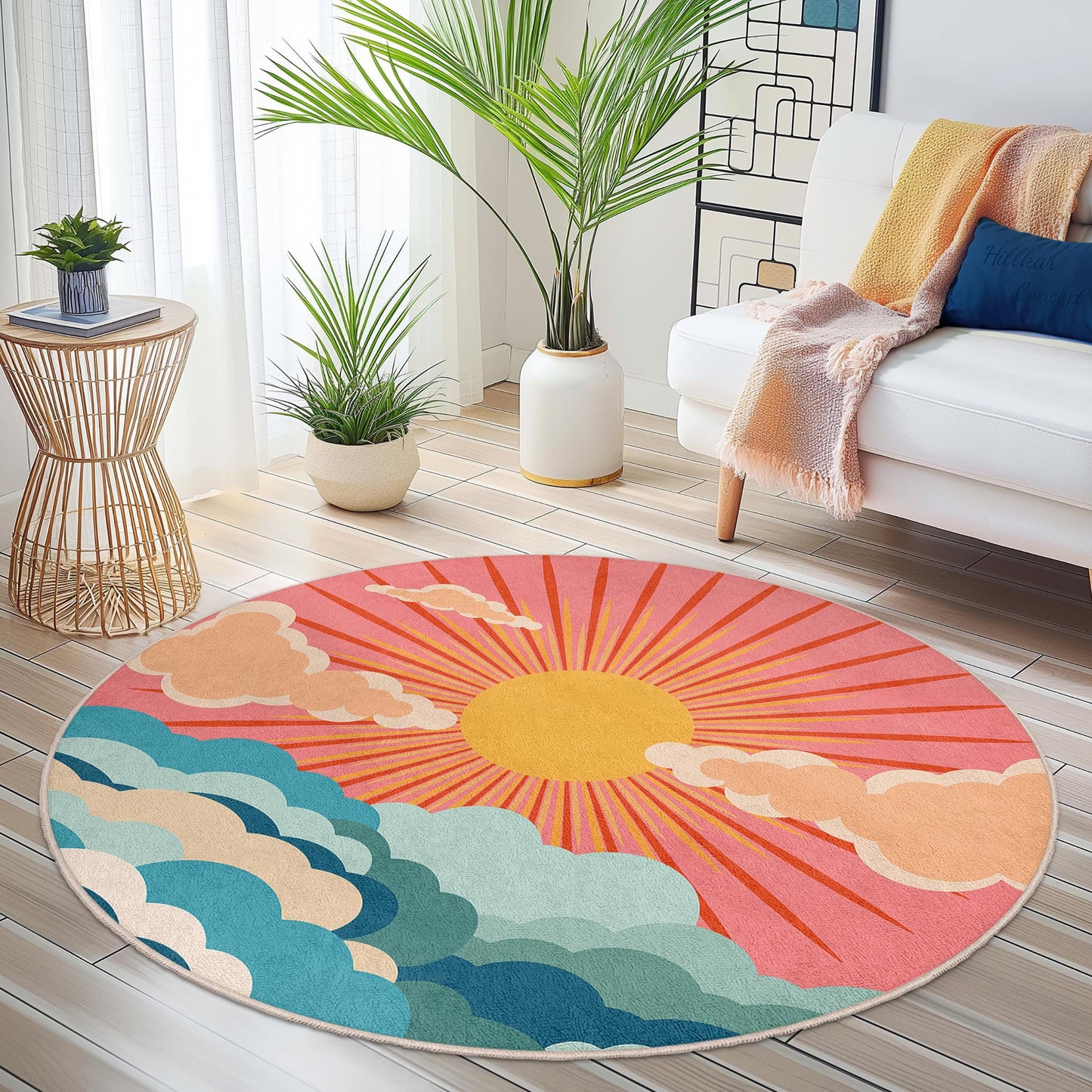 Sunrise Clouds Round Area Rug, Boho Chic Round Carpet, Colorful Sun and Clouds Rug, Home Decor, Living Room Rug, Bedroom Rug