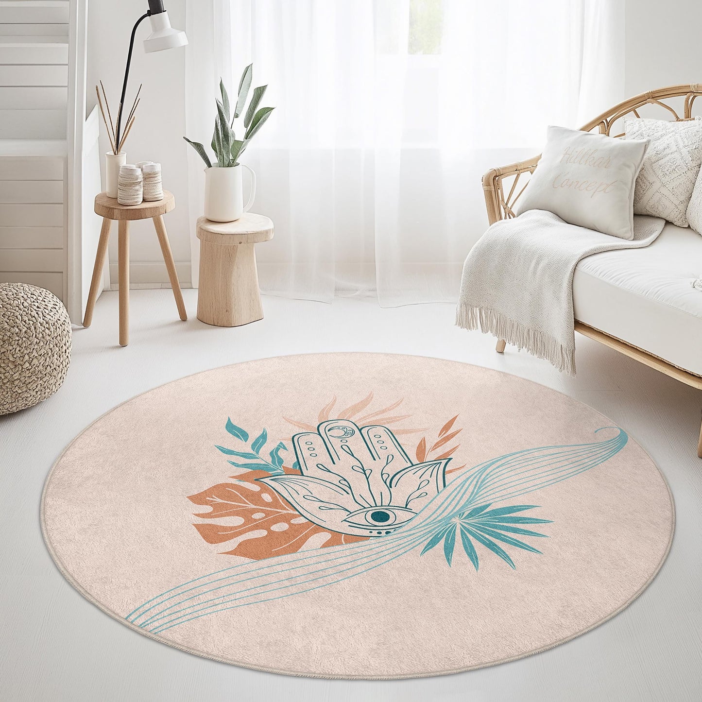 Boho Chic Round Area Rug, Hand Symbol and Floral Design, Decorative Round Carpet for Living Room, Bedroom, and Home Decor
