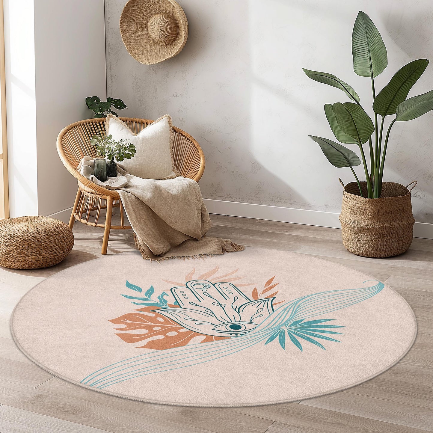 Boho Chic Round Area Rug, Hand Symbol and Floral Design, Decorative Round Carpet for Living Room, Bedroom, and Home Decor