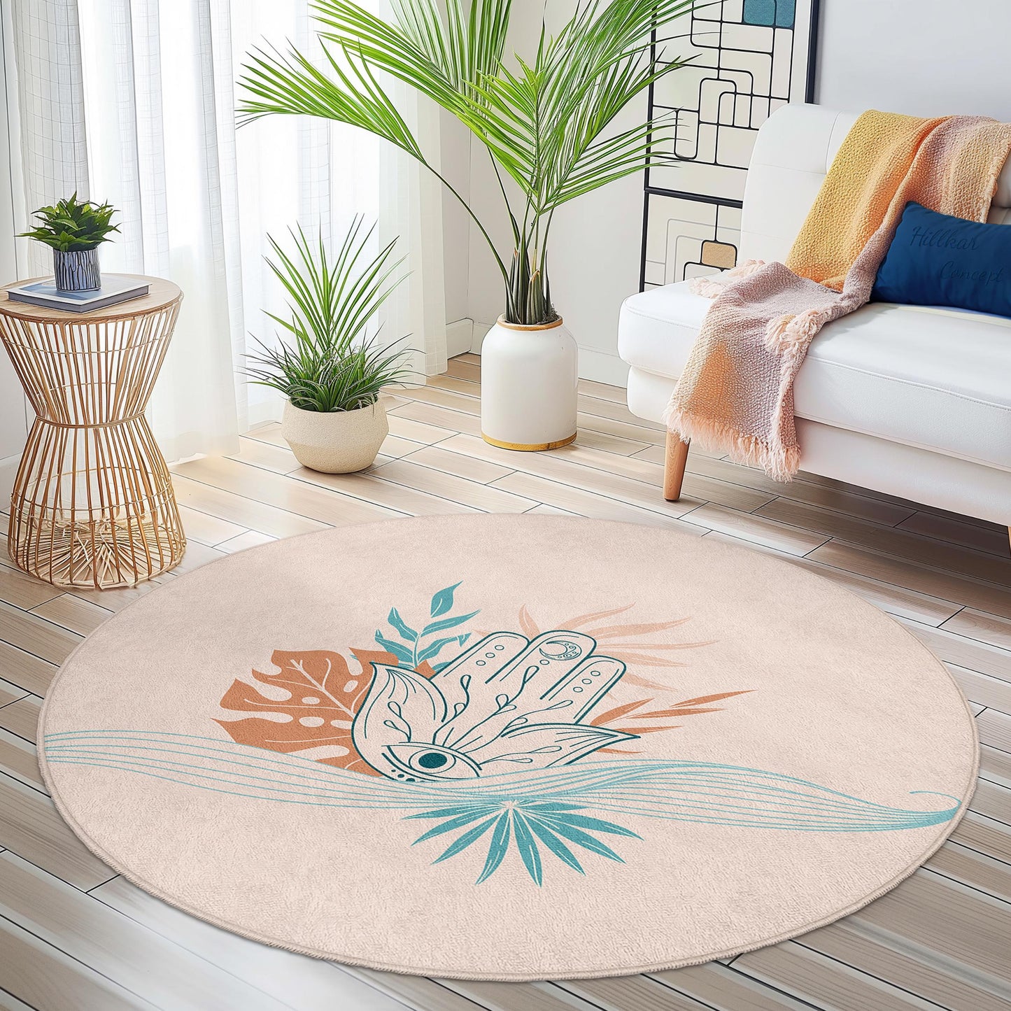 Boho Chic Round Area Rug, Hand Symbol and Floral Design, Decorative Round Carpet for Living Room, Bedroom, and Home Decor