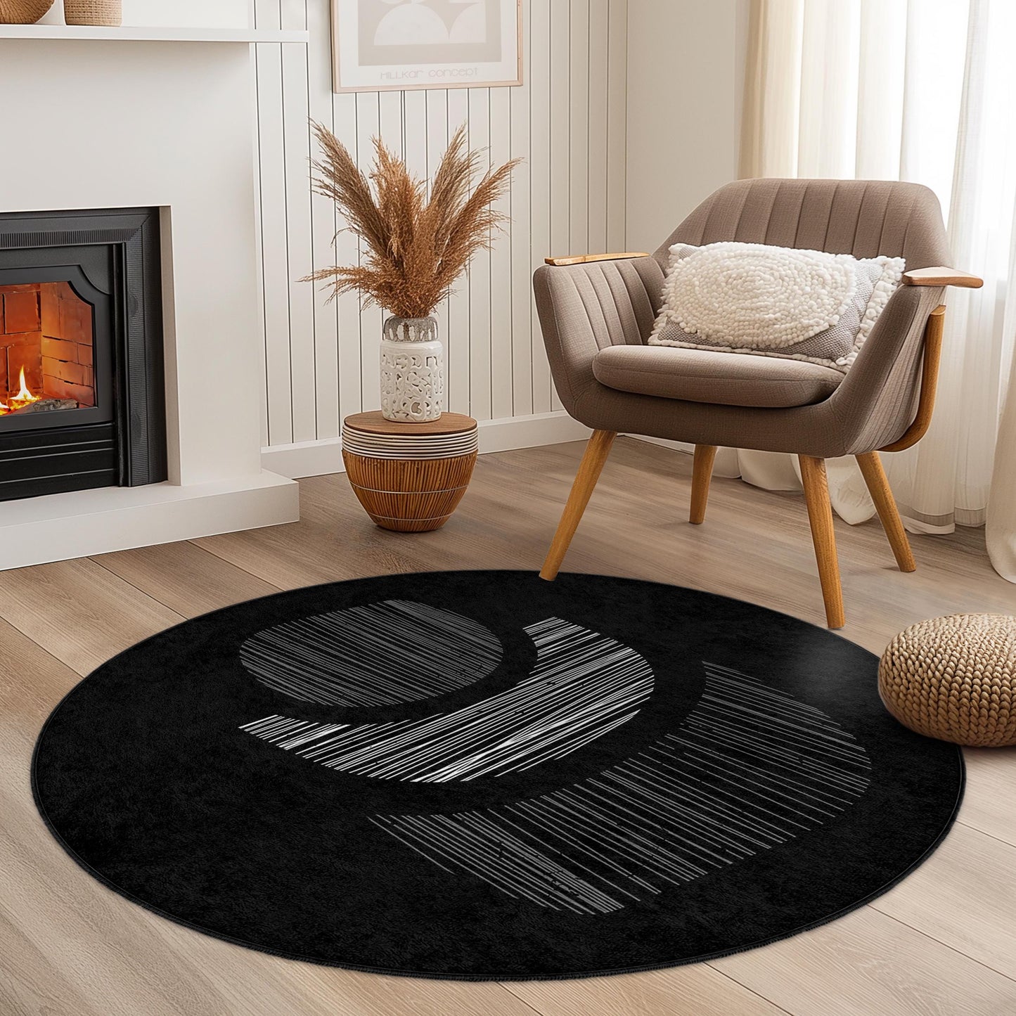 Abstract Black and White Round Area Rug, Modern Circle Carpet, Soft Decorative Floor Mat, Living Room Accent Rug, Home Decor