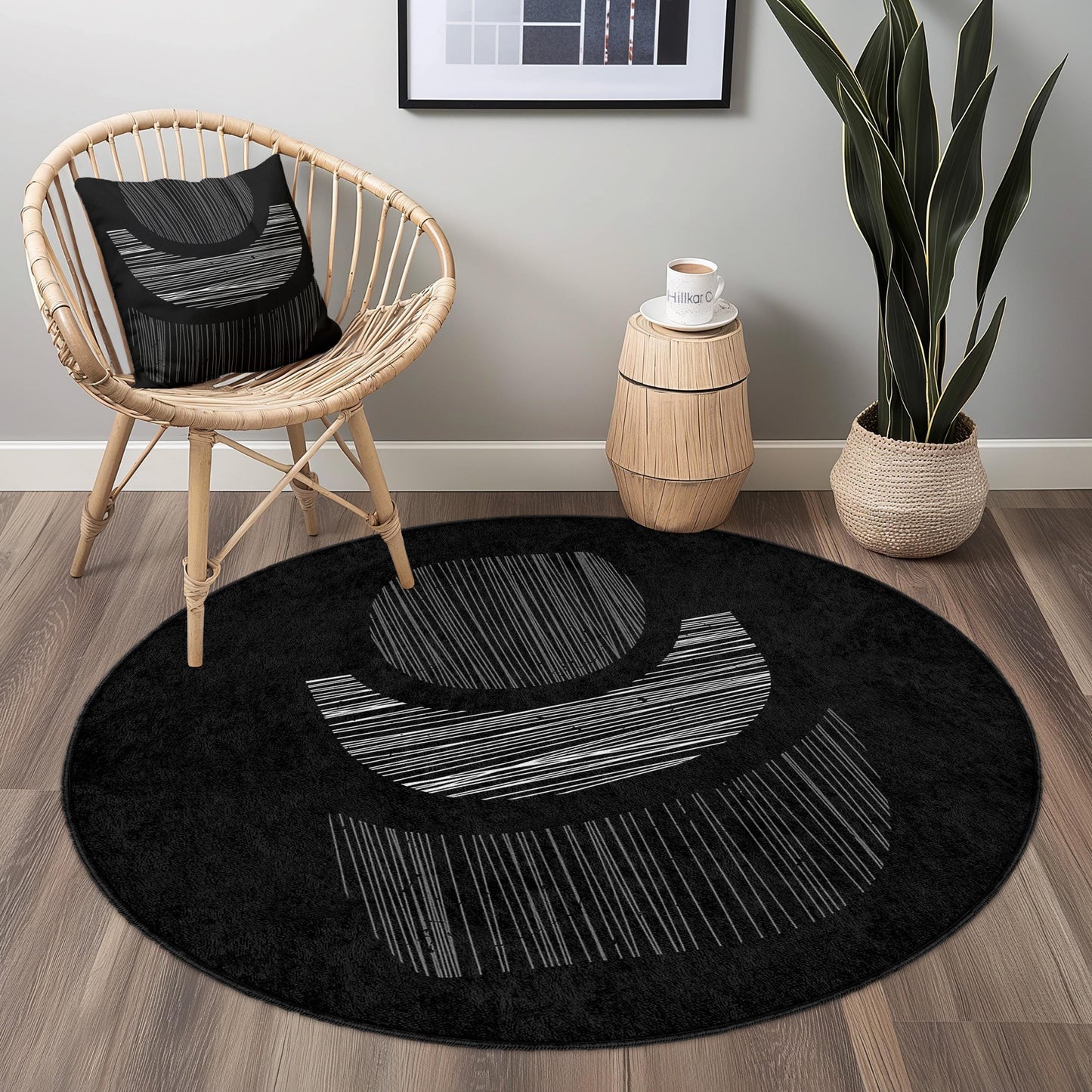 Abstract Black and White Round Area Rug, Modern Circle Carpet, Soft Decorative Floor Mat, Living Room Accent Rug, Home Decor