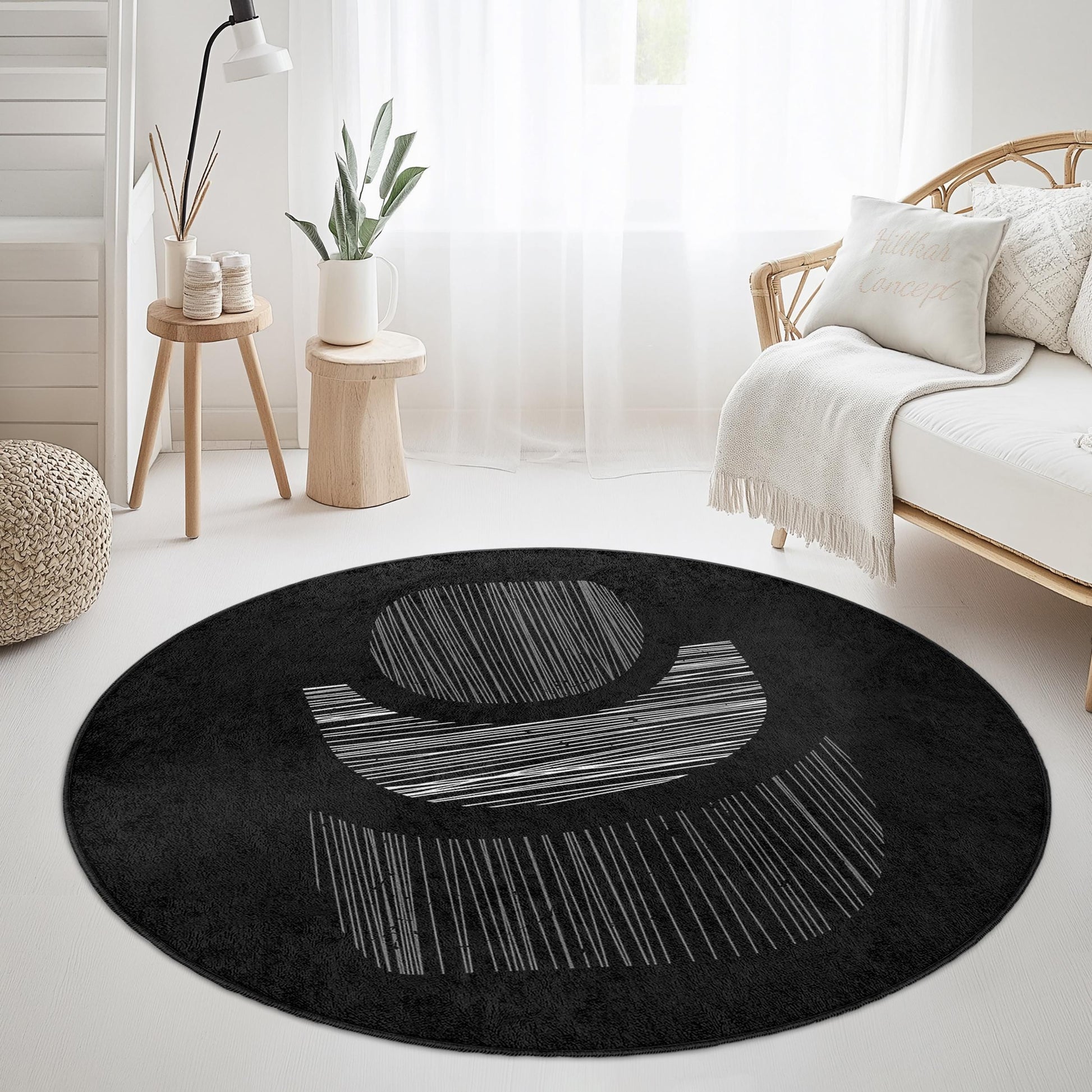 Abstract Black and White Round Area Rug, Modern Circle Carpet, Soft Decorative Floor Mat, Living Room Accent Rug, Home Decor