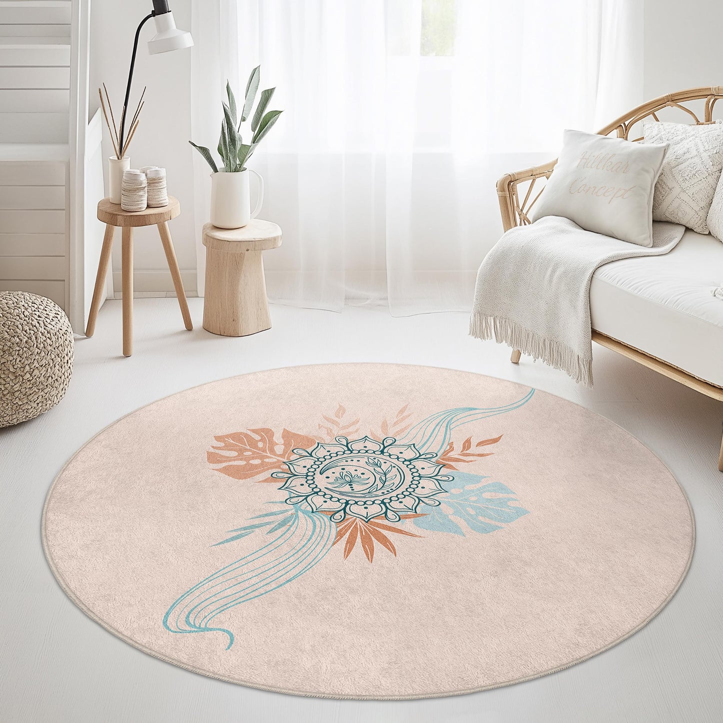 Bohemian Floral Round Area Rug: Vintage Style Soft Circle Carpet