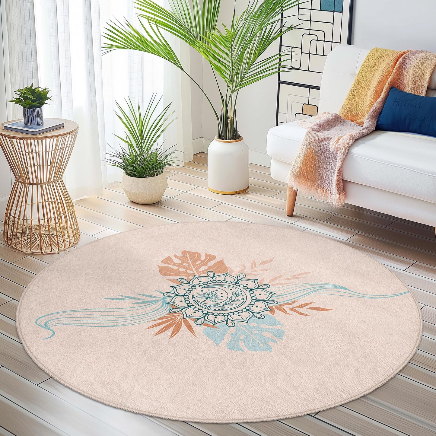 Bohemian Floral Round Area Rug: Vintage Style Soft Circle Carpet