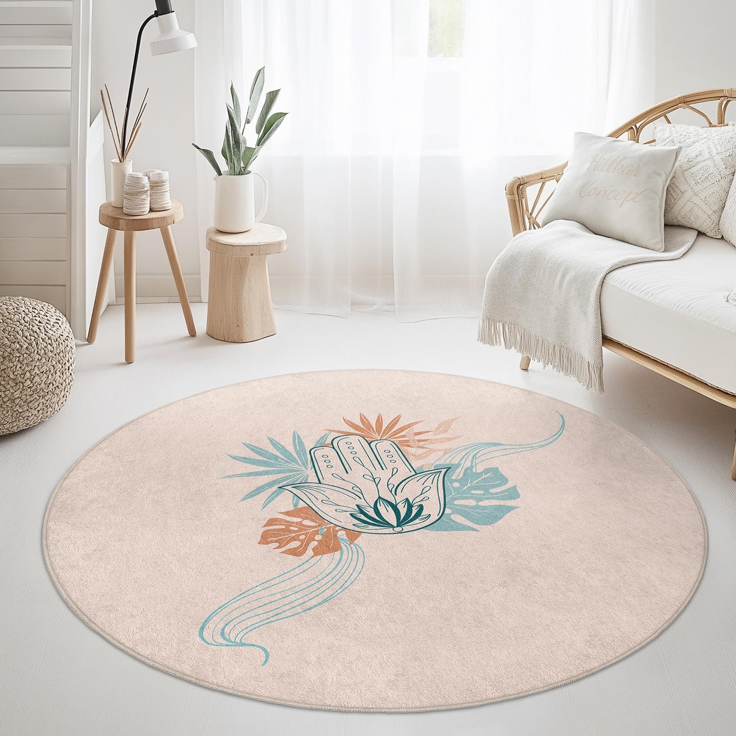 Bohemian Round Area Rug, Hand Design Round Carpet, Floral Round Rug for Living Room, Bedroom Decor, Unique Round Floor Mat