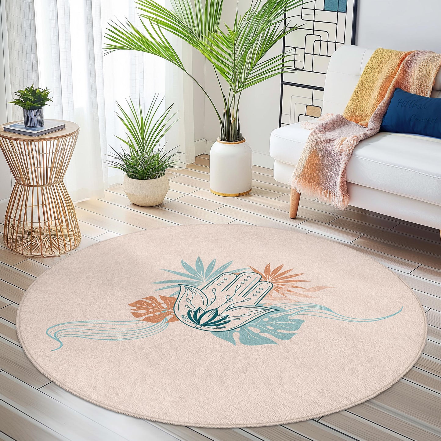 Bohemian Round Area Rug, Hand Design Round Carpet, Floral Round Rug for Living Room, Bedroom Decor, Unique Round Floor Mat