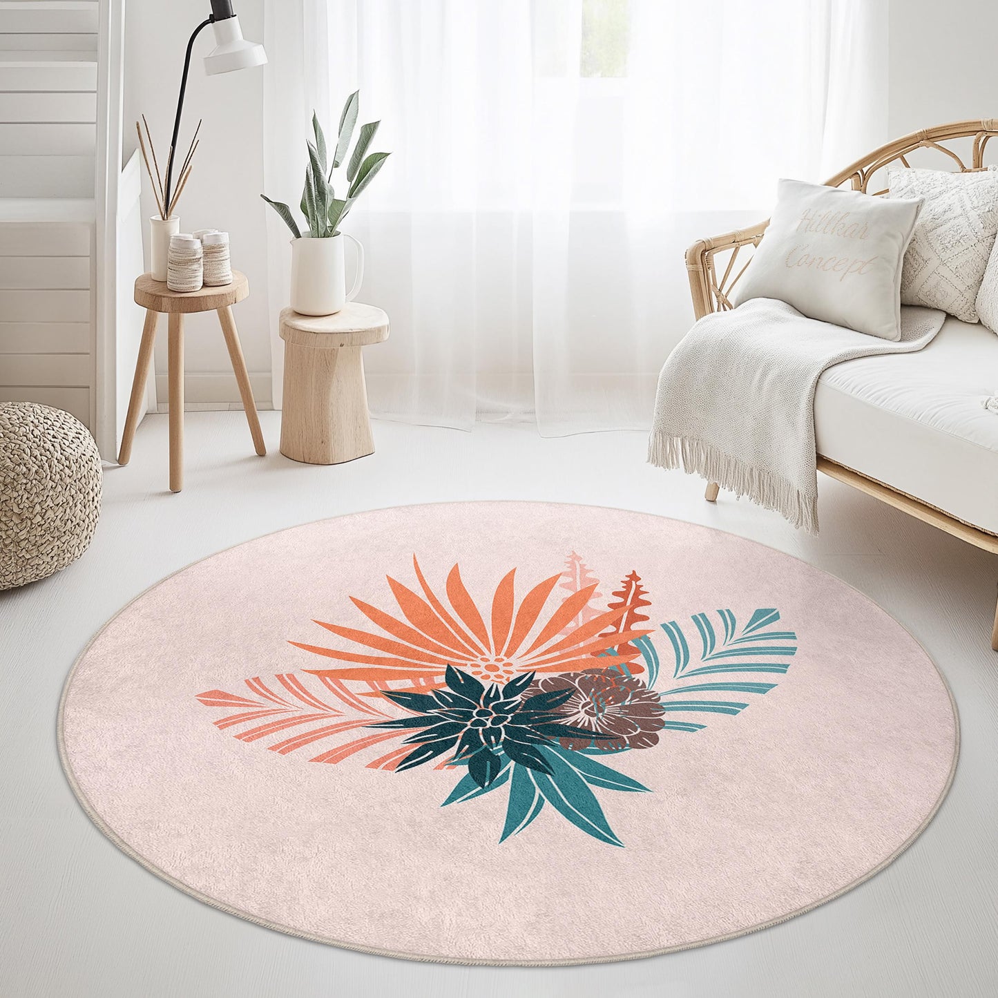 Floral Round Area Rug, Bohemian Floral Design, Round Decorative Rug, Living Room Decor, Soft and Cozy Rug for Home