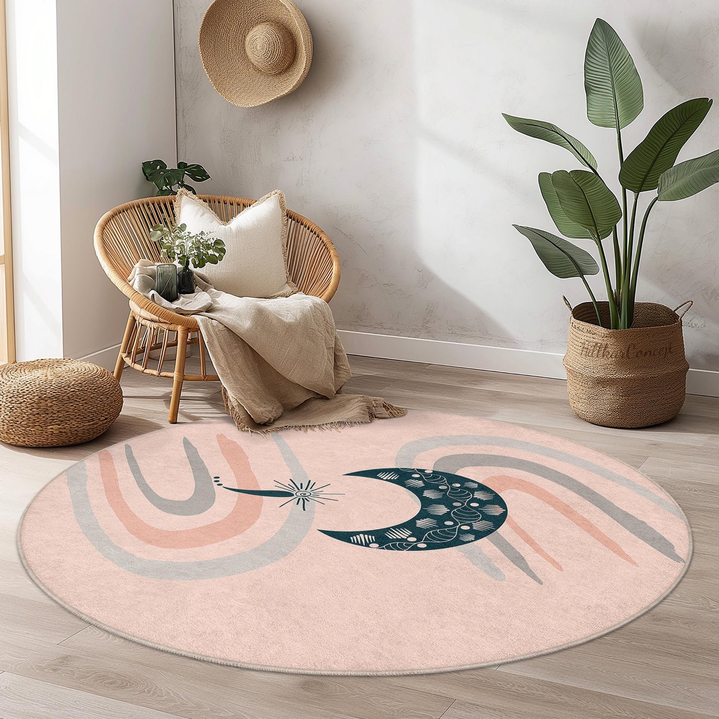 Elegant Round Moon and Wave Pattern Rug, Boho Style Area Rug, Soft Circular Carpet for Home Decor, Unique Floor Mat