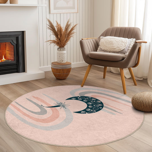Elegant Round Moon and Wave Pattern Rug, Boho Style Area Rug, Soft Circular Carpet for Home Decor, Unique Floor Mat