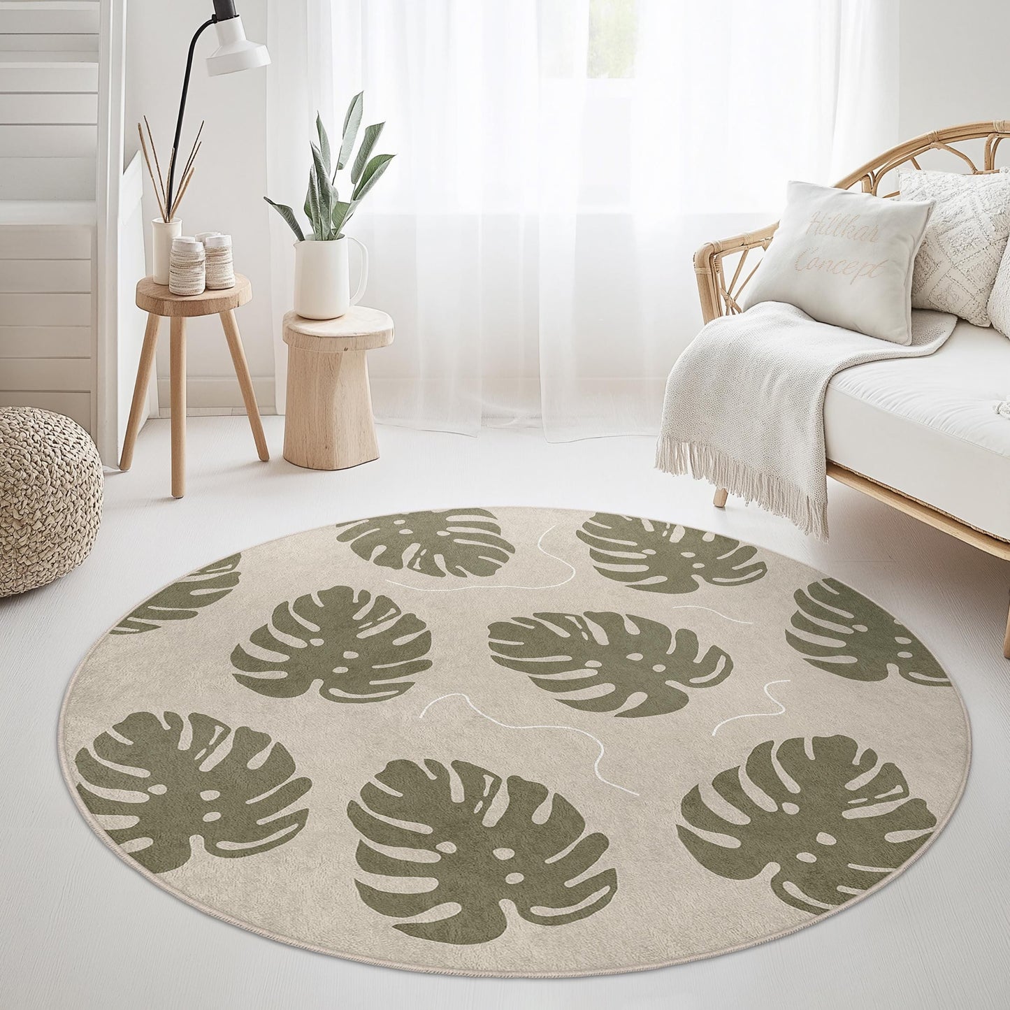 Tropical Monstera Leaf Round Area Rug, Boho Chic Floor Mat, Modern Living Room Decor, Stylish Indoor Rug, Eco-Friendly Home Accessory