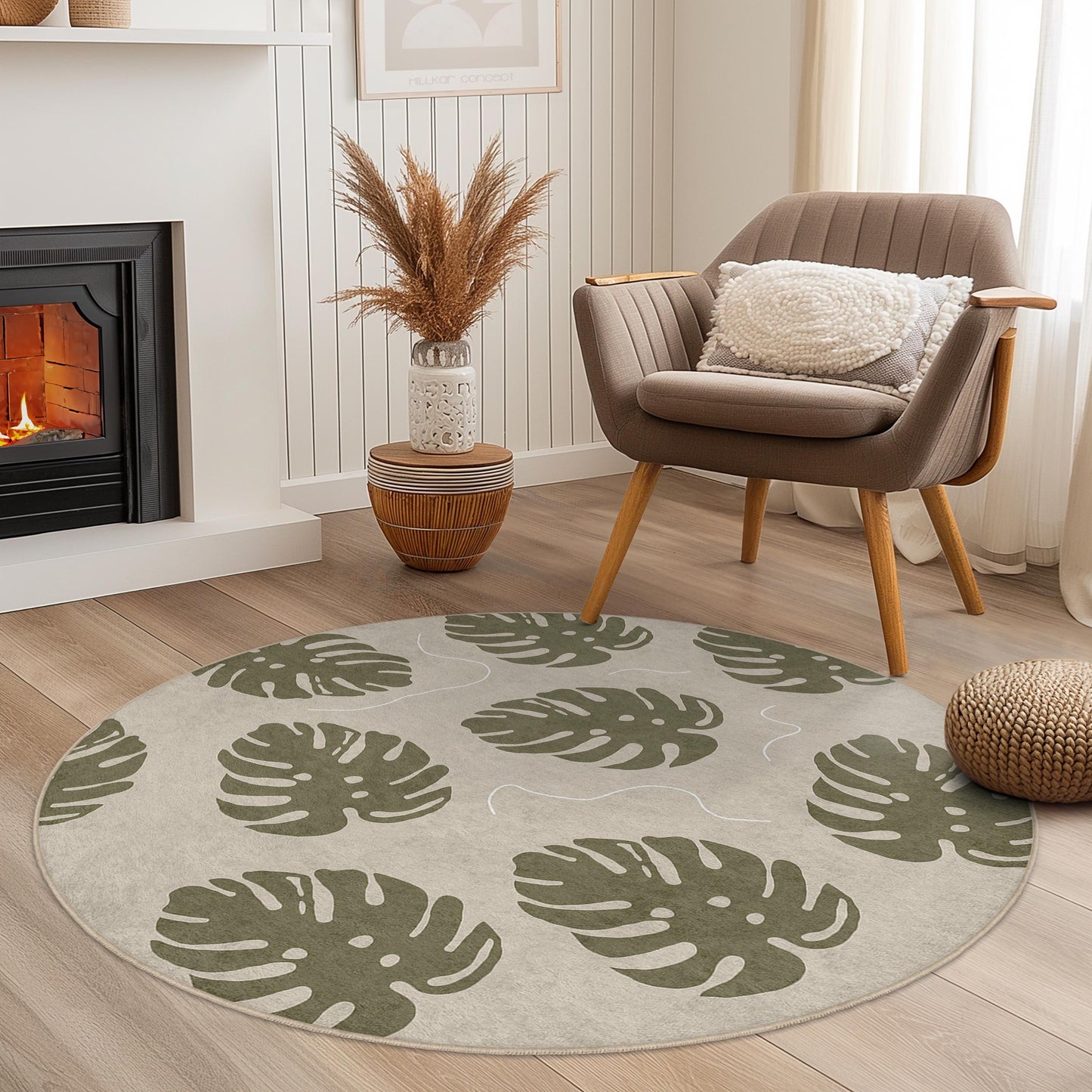Tropical Monstera Leaf Round Area Rug, Boho Chic Floor Mat, Modern Living Room Decor, Stylish Indoor Rug, Eco-Friendly Home Accessory