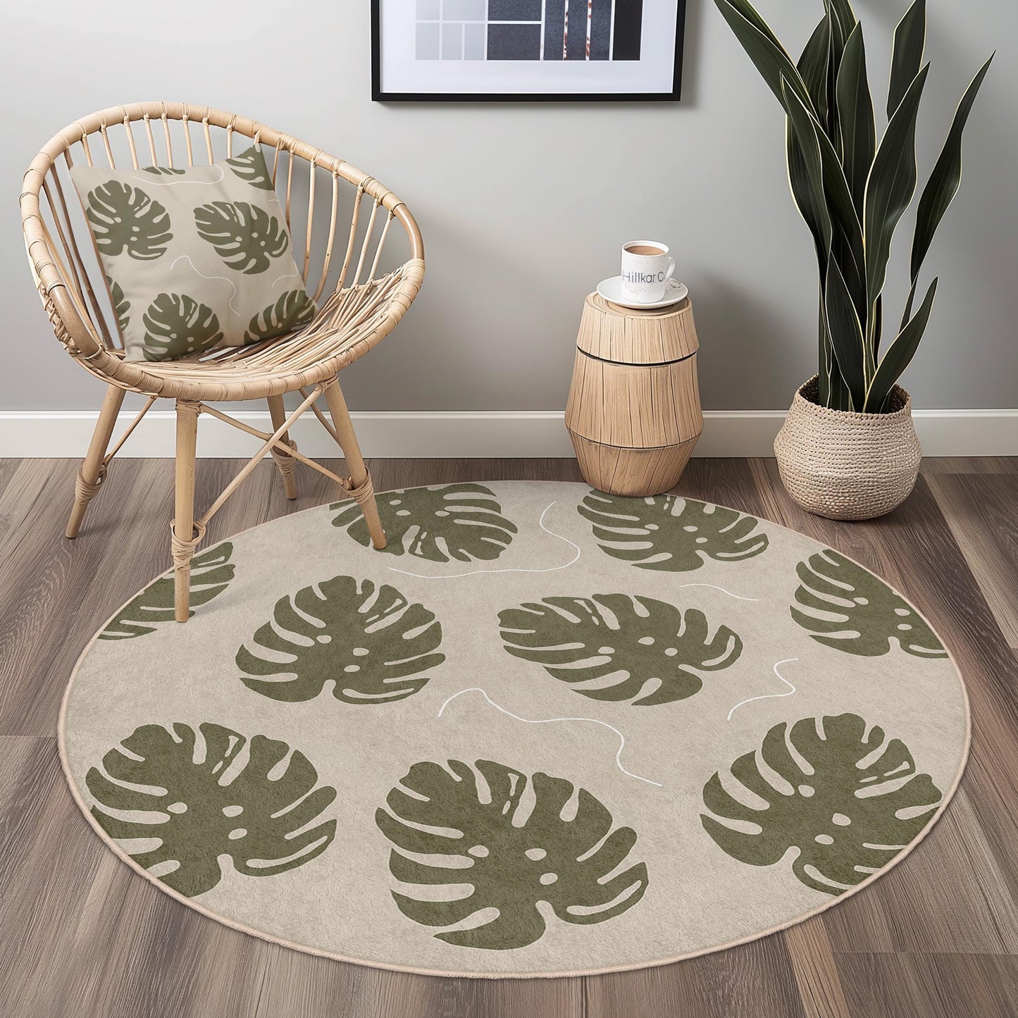 Tropical Monstera Leaf Round Area Rug, Boho Chic Floor Mat, Modern Living Room Decor, Stylish Indoor Rug, Eco-Friendly Home Accessory