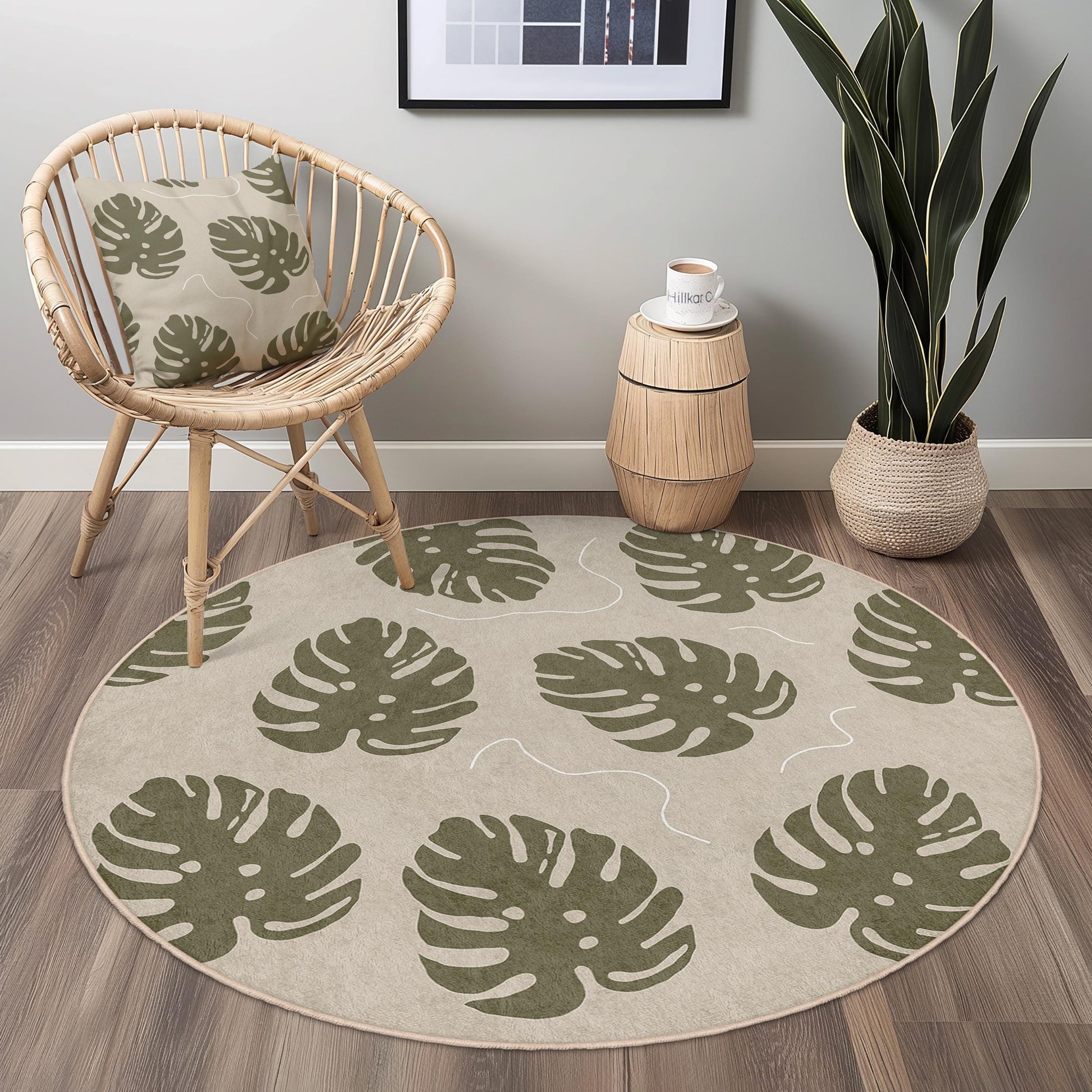 Tropical Monstera Leaf Round Area Rug, Boho Chic Floor Mat, Modern Living Room Decor, Stylish Indoor Rug, Eco-Friendly Home Accessory
