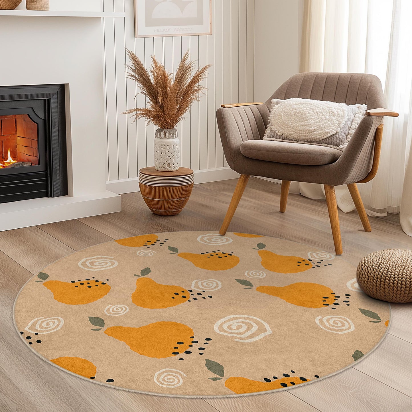 Whimsical Pear Pattern Round Area Rug, Modern Decorative Round Rug, Soft Living Room Rug, Unique Round Carpet for Home Decor