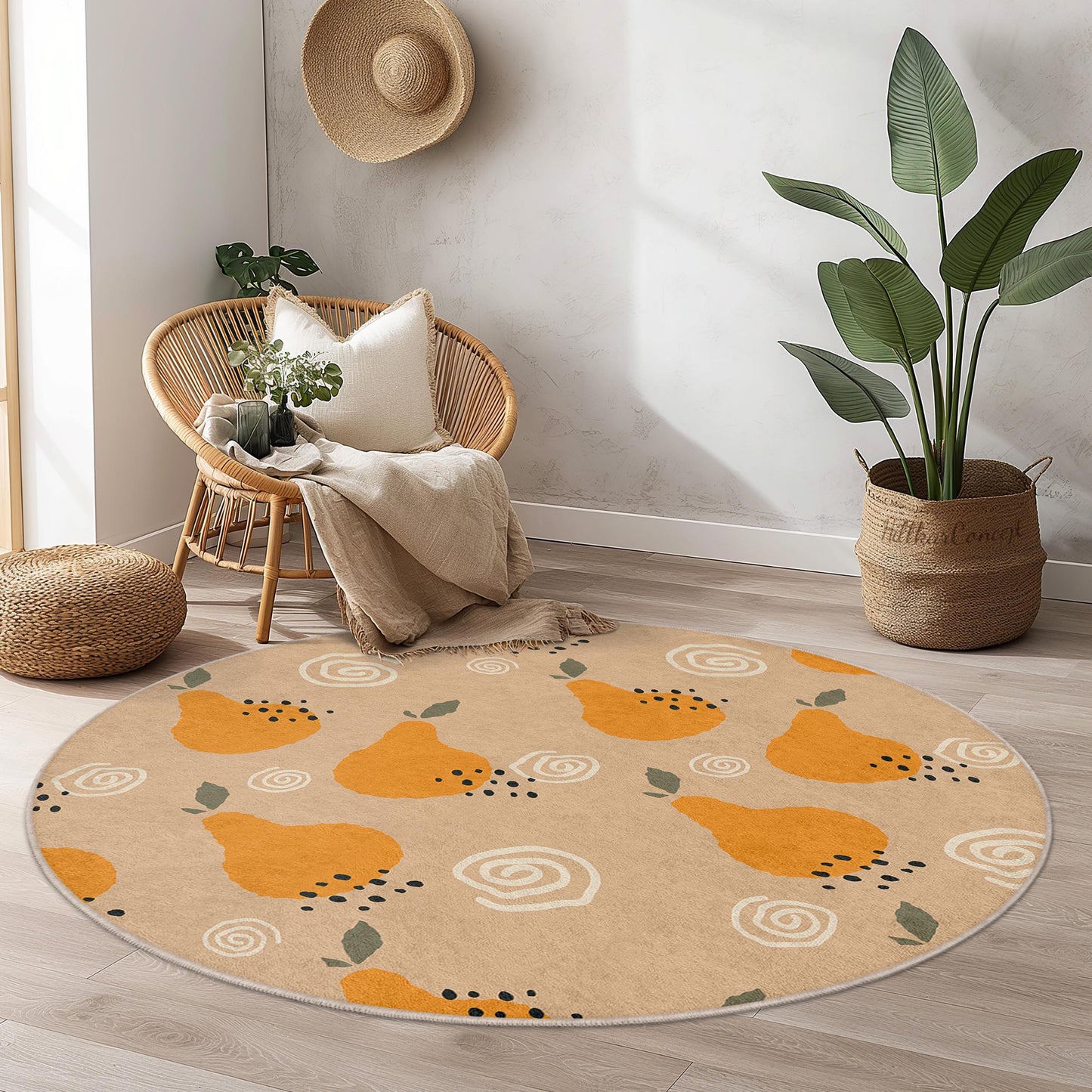 Whimsical Pear Pattern Round Area Rug, Modern Decorative Round Rug, Soft Living Room Rug, Unique Round Carpet for Home Decor