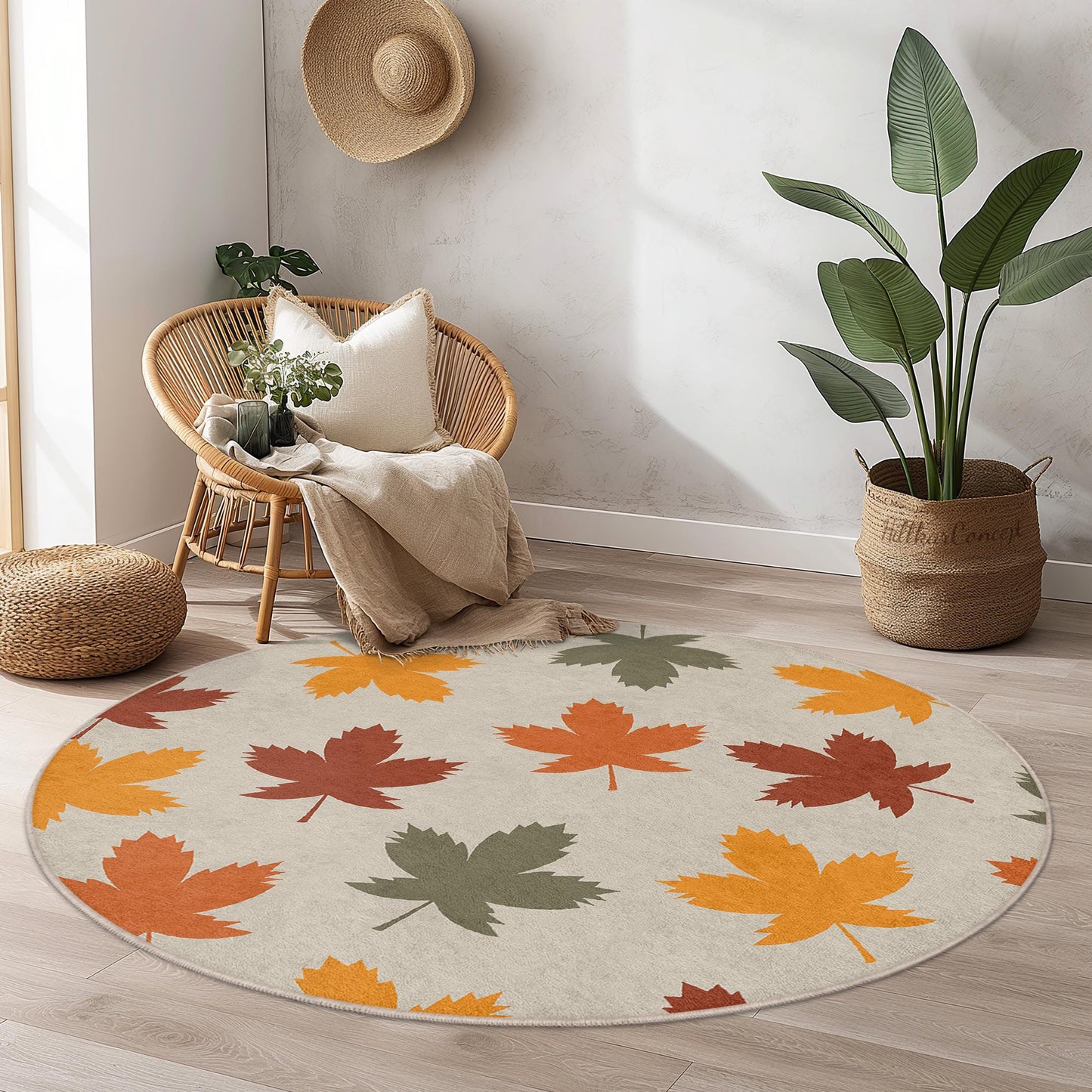 Autumn Leaves Round Area Rug, Fall Decor Carpet, Leaf Pattern Rug for Home, Cozy Living Room Rug, Seasonal Round Rug