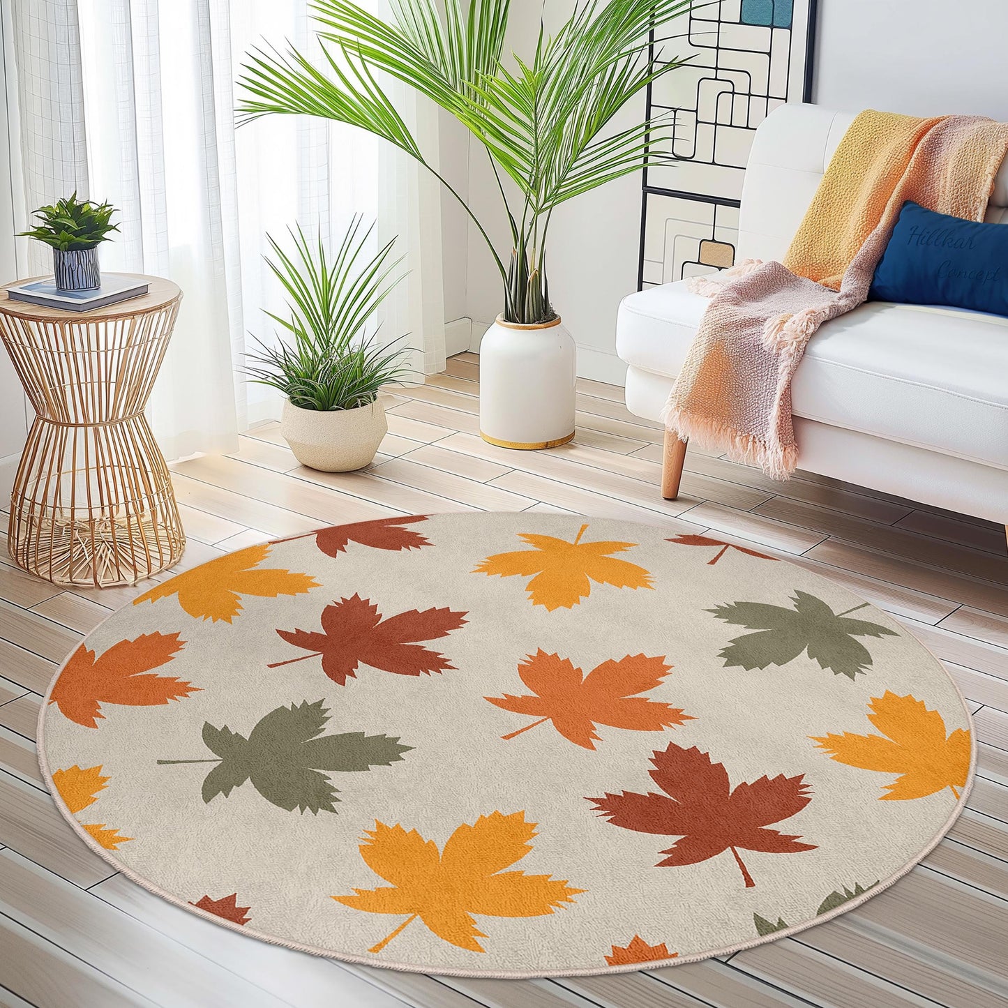 Autumn Leaves Round Area Rug, Fall Decor Carpet, Leaf Pattern Rug for Home, Cozy Living Room Rug, Seasonal Round Rug