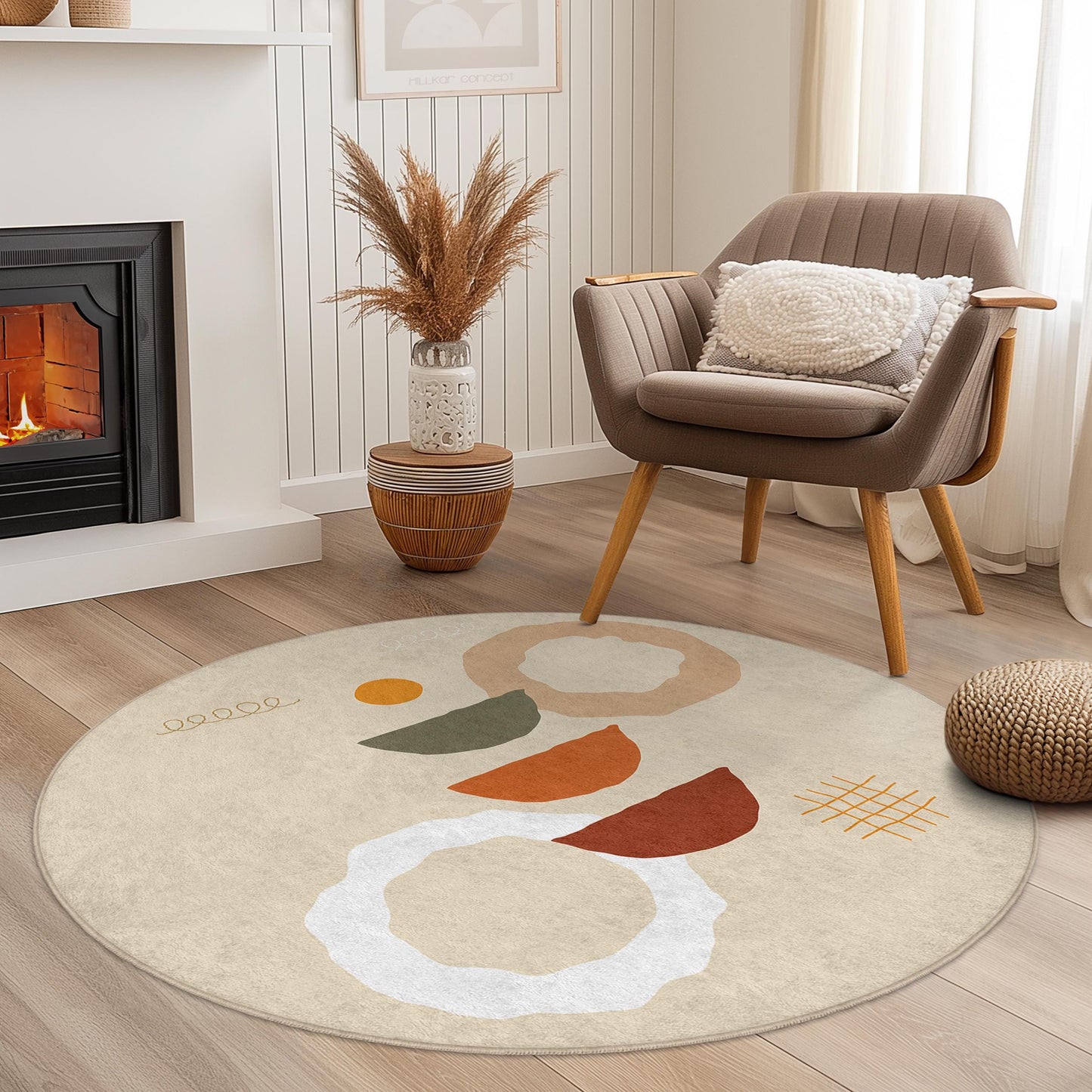 Boho Chic Round Area Rug, Abstract Pattern Circle Rug, Modern Home Decor, Living Room Carpet, Soft Round Floor Mat