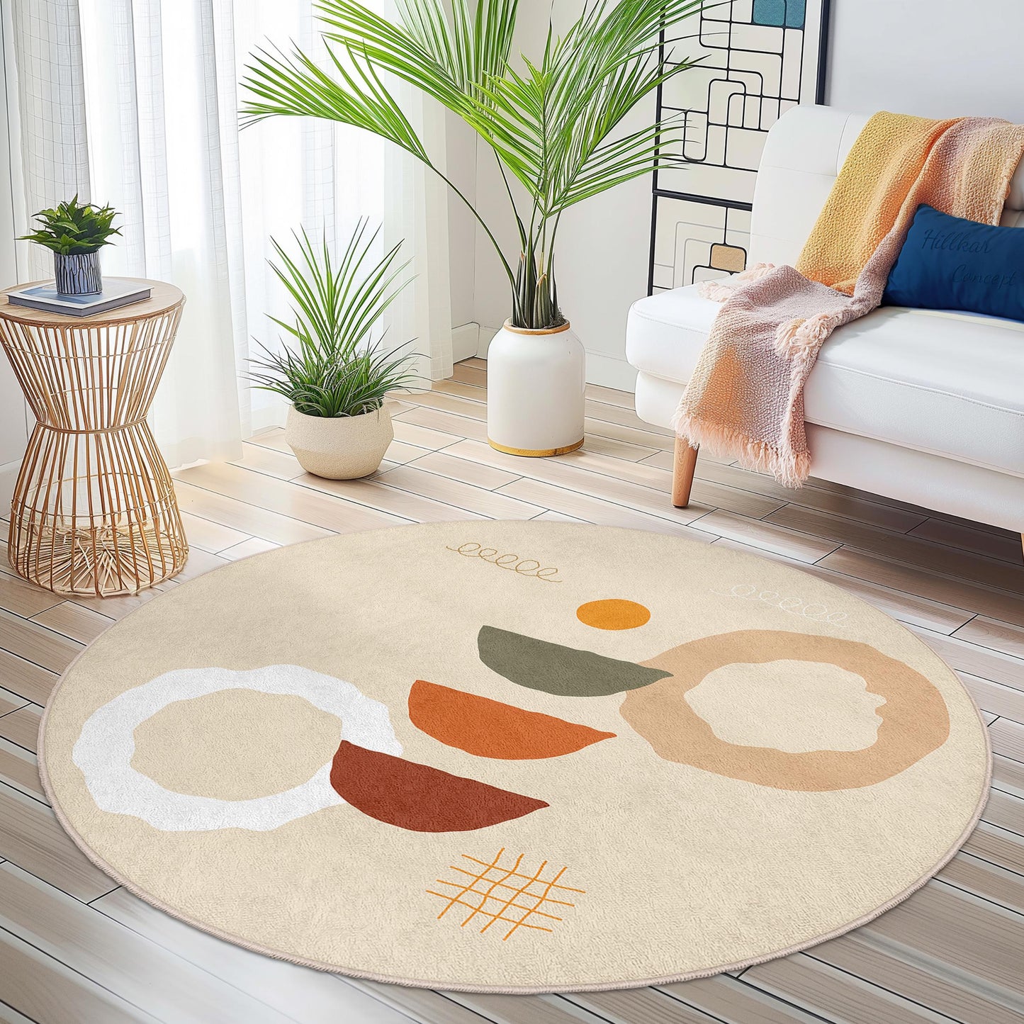 Boho Chic Round Area Rug, Abstract Pattern Circle Rug, Modern Home Decor, Living Room Carpet, Soft Round Floor Mat