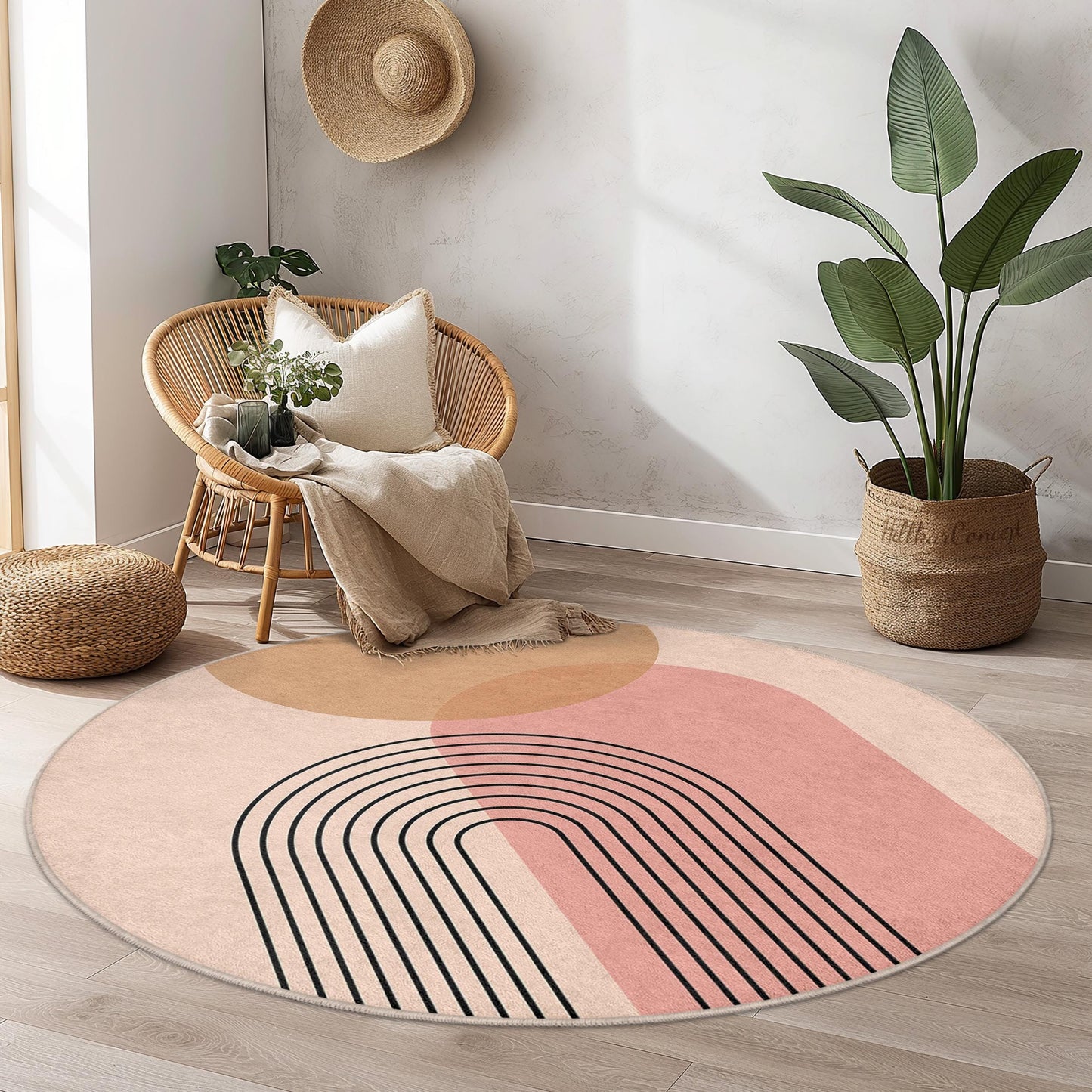 Minimalist Rainbow Round Area Rug, Modern Abstract Circle Carpet, Cozy Living Room Rug, Boho Decor, Round Floor Mat