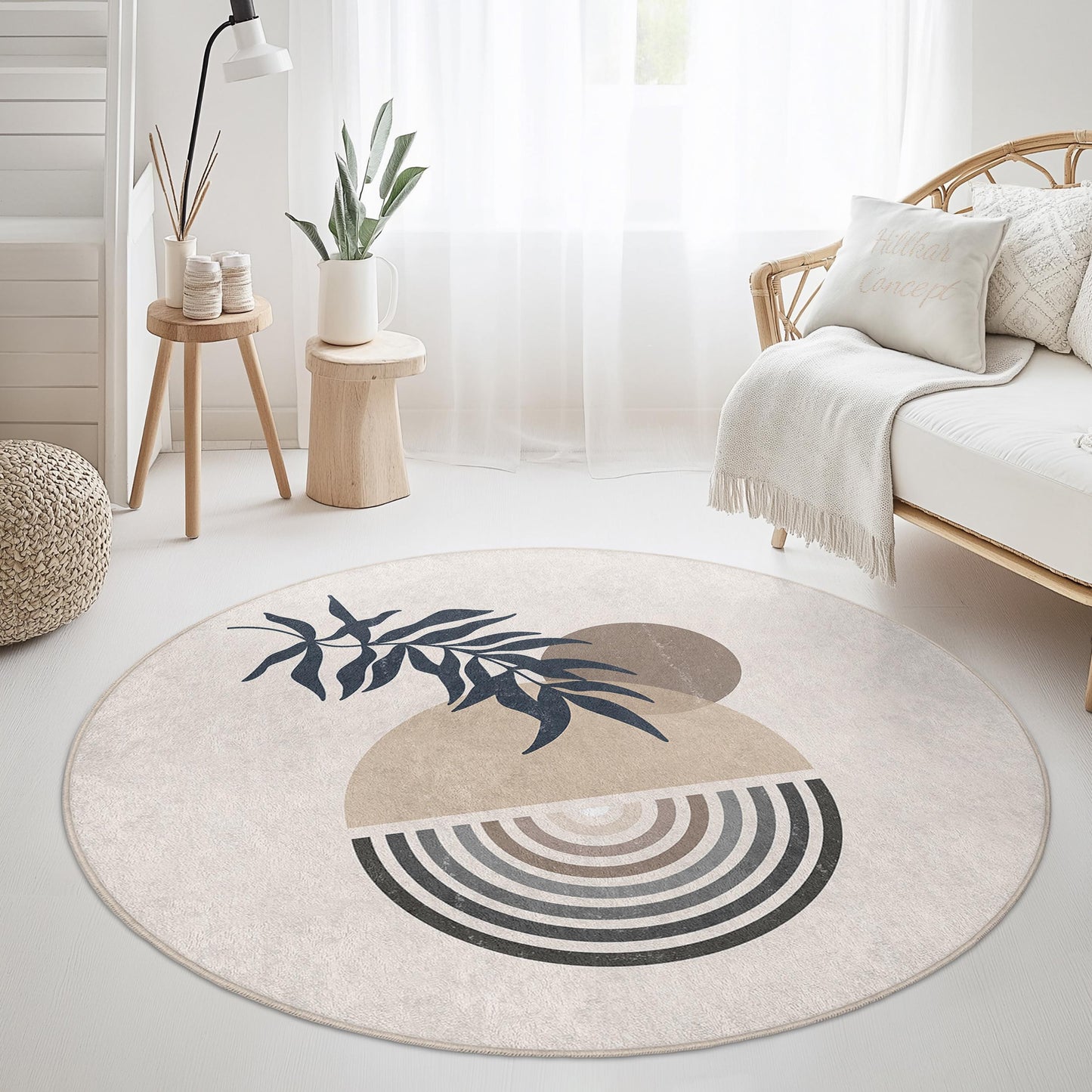 Modern Round Decorative Area Rug with Abstract Leaf Design, Boho Chic Circle Carpet for Living Room, Bedroom, Home Decor