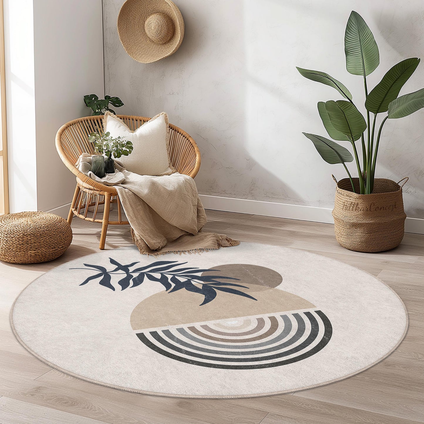 Modern Round Decorative Area Rug with Abstract Leaf Design, Boho Chic Circle Carpet for Living Room, Bedroom, Home Decor