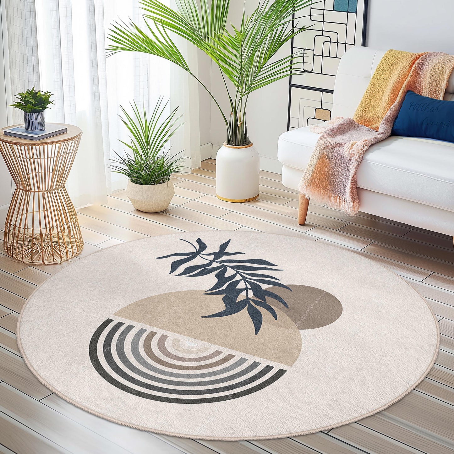 Modern Round Decorative Area Rug with Abstract Leaf Design, Boho Chic Circle Carpet for Living Room, Bedroom, Home Decor