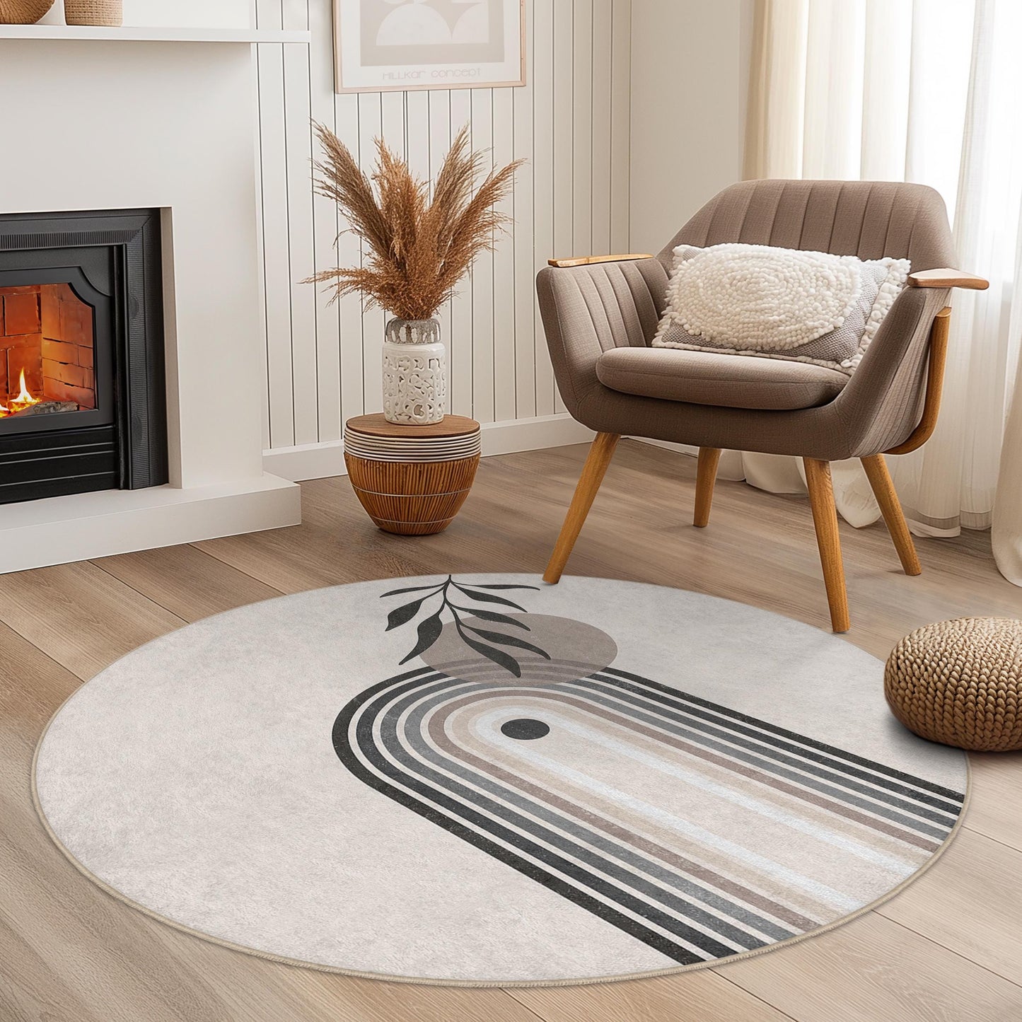 Elegant Round Area Rug, Modern Leaf Design Rug, Circle Rug for Living Room, Boho Decor, Soft Indoor Carpet