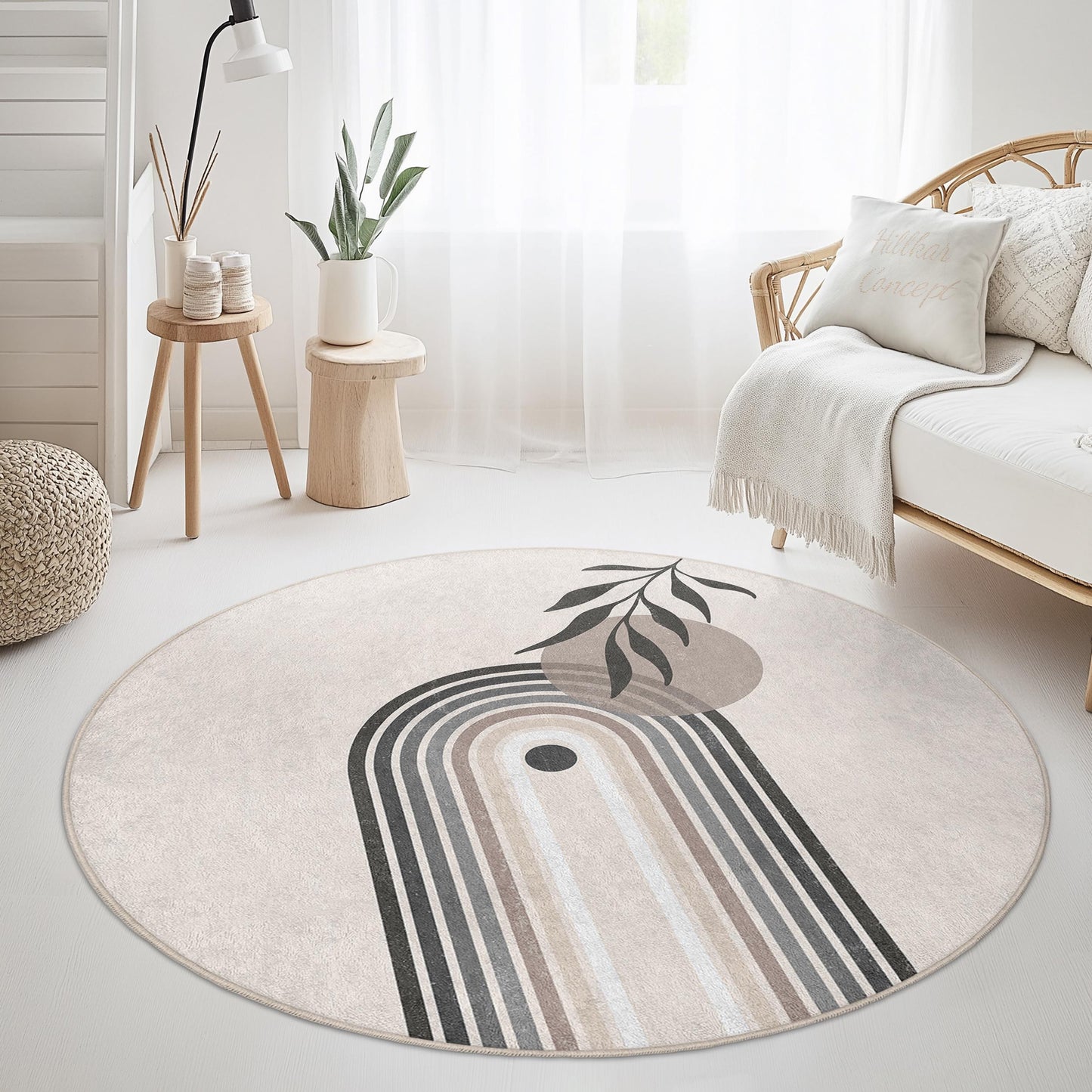 Elegant Round Area Rug, Modern Leaf Design Rug, Circle Rug for Living Room, Boho Decor, Soft Indoor Carpet