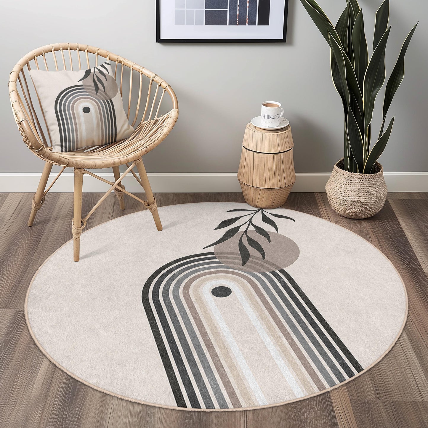 Elegant Round Area Rug, Modern Leaf Design Rug, Circle Rug for Living Room, Boho Decor, Soft Indoor Carpet