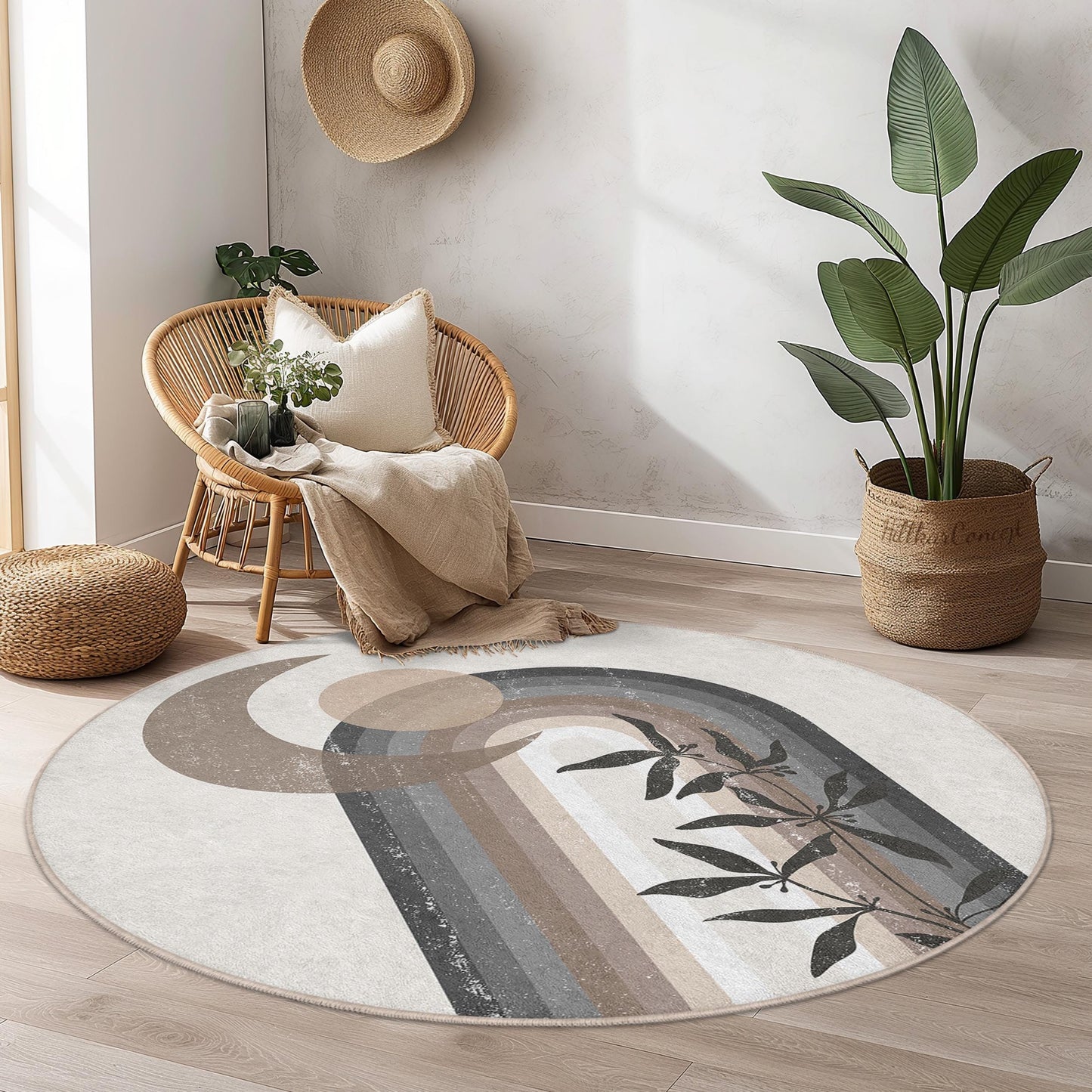Boho Chic Round Area Rug, Abstract Rainbow Design Rug, Modern Home Decor, Soft Living Room Rug, Stylish Round Carpet