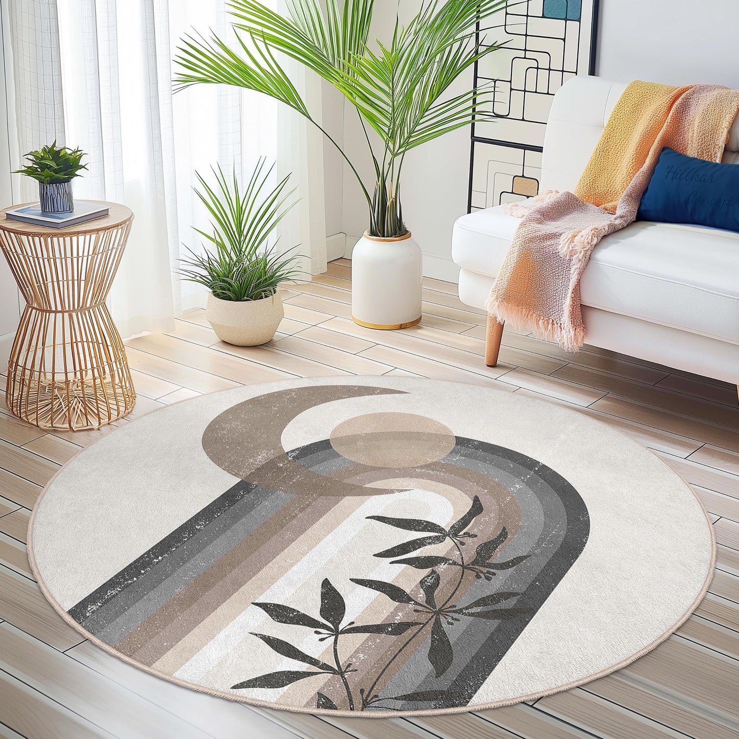 Boho Chic Round Area Rug, Abstract Rainbow Design Rug, Modern Home Decor, Soft Living Room Rug, Stylish Round Carpet
