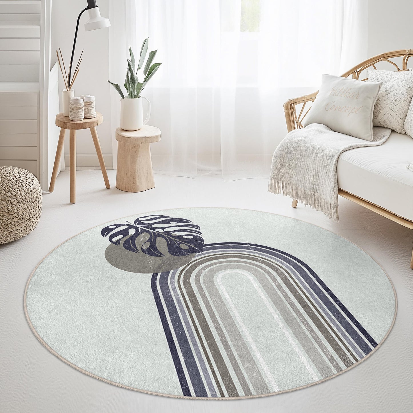 Elegant Monstera Leaf Round Area Rug, Minimalist Botanical Round Rug, Decorative Circular Carpet for Living Room or Bedroom