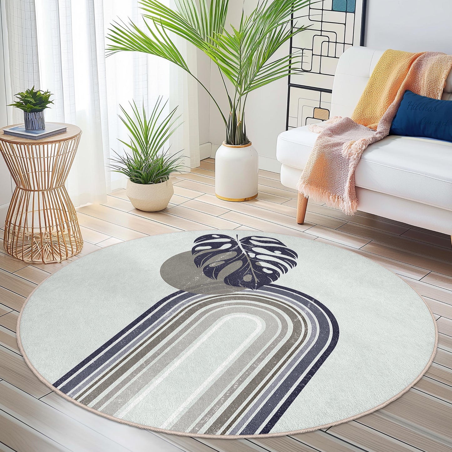 Elegant Monstera Leaf Round Area Rug, Minimalist Botanical Round Rug, Decorative Circular Carpet for Living Room or Bedroom