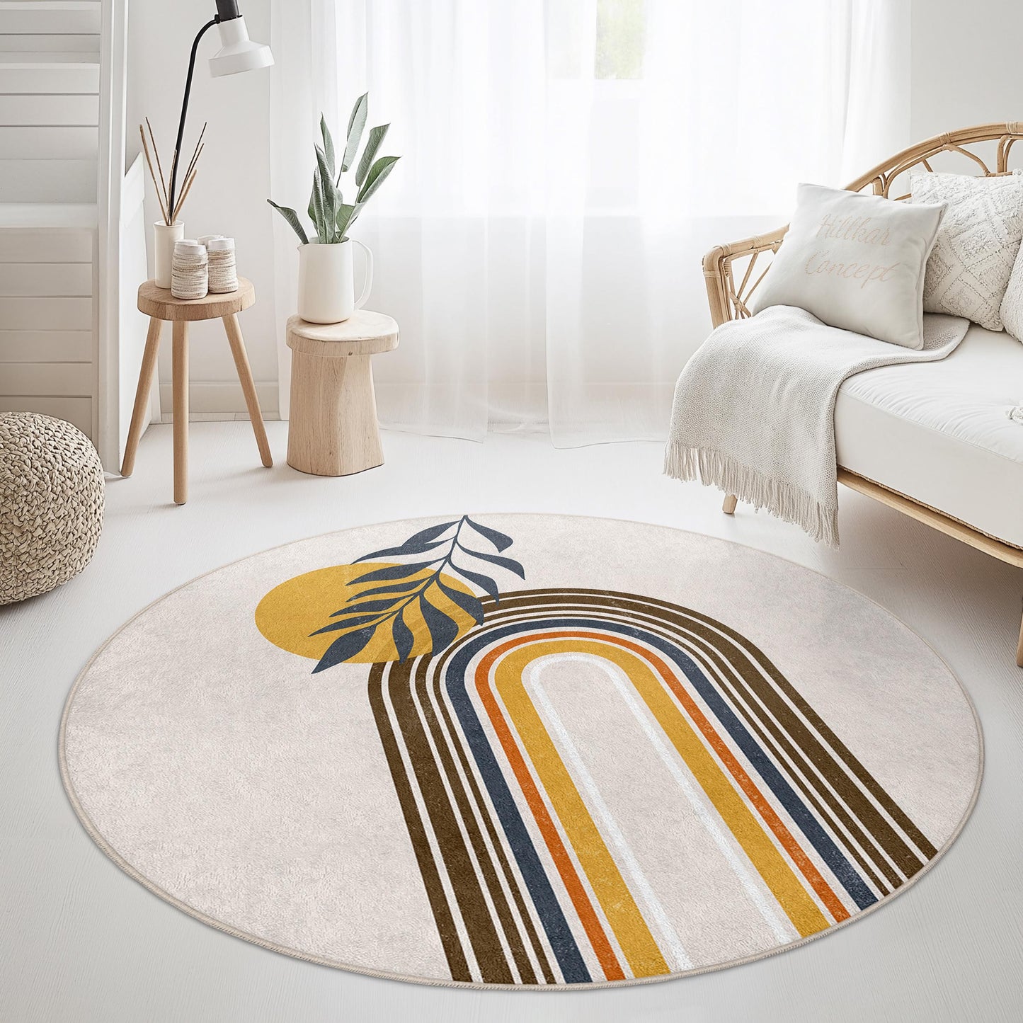 Rainbow Arch Round Area Rug, Modern Round Carpet, Decorative Round Rug, Boho Chic Home Decor, Stylish Living Room Rug