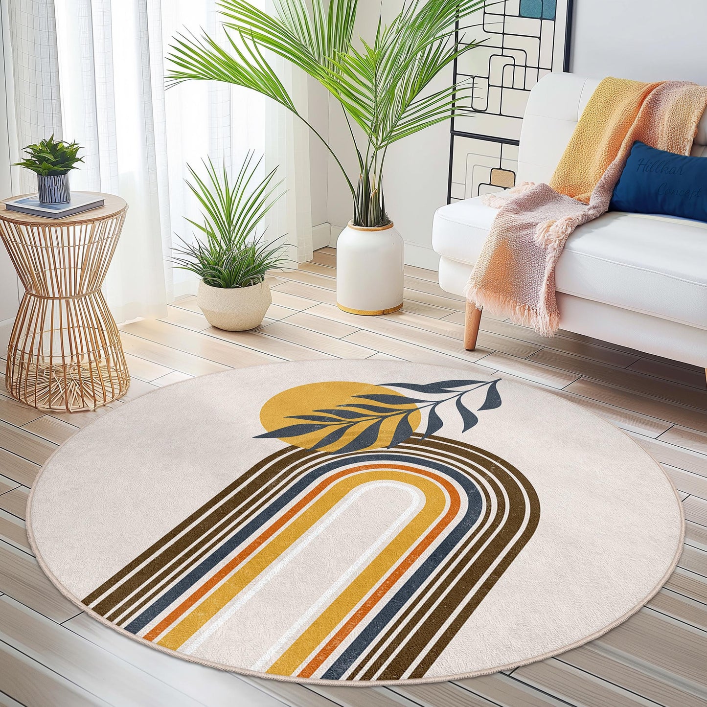Rainbow Arch Round Area Rug, Modern Round Carpet, Decorative Round Rug, Boho Chic Home Decor, Stylish Living Room Rug