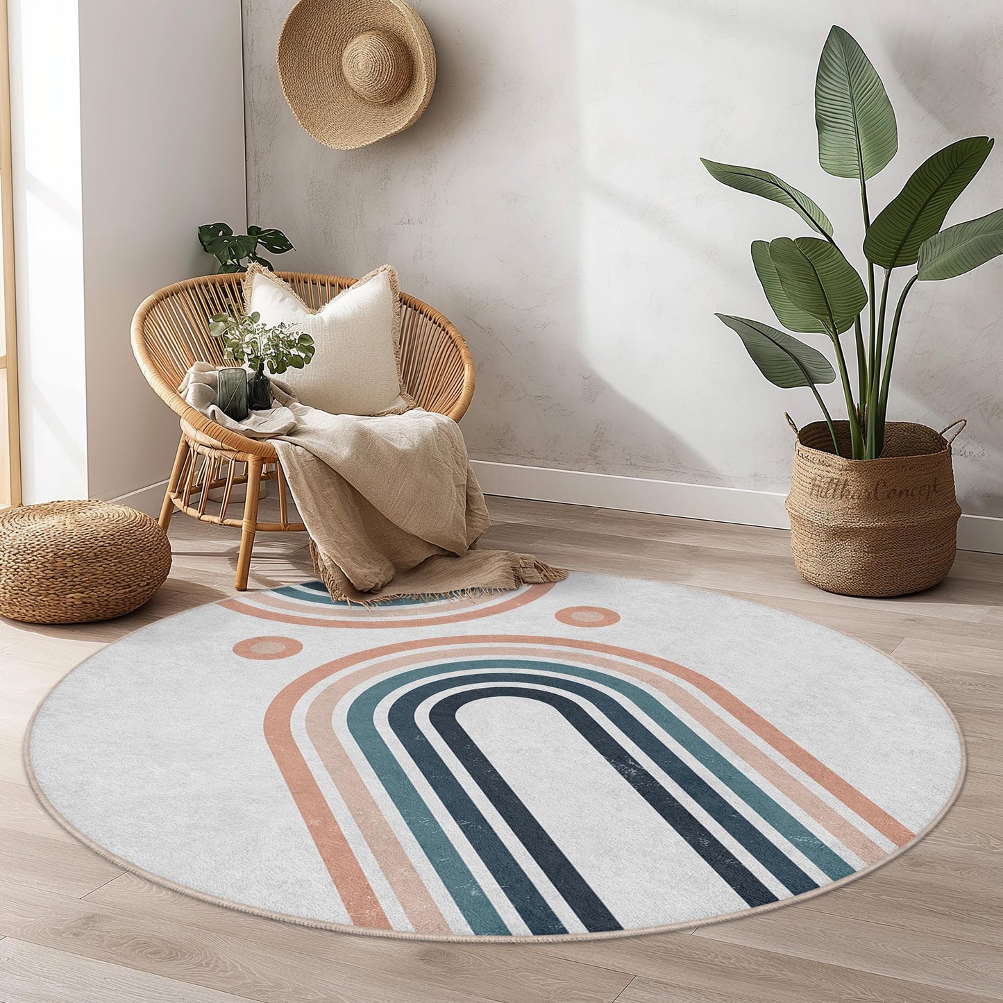 Geometric Rainbow Round Area Rug, Soft Round Rug for Living Room, Stylish Boho Decor, Modern Round Carpet, Home Interior Rug