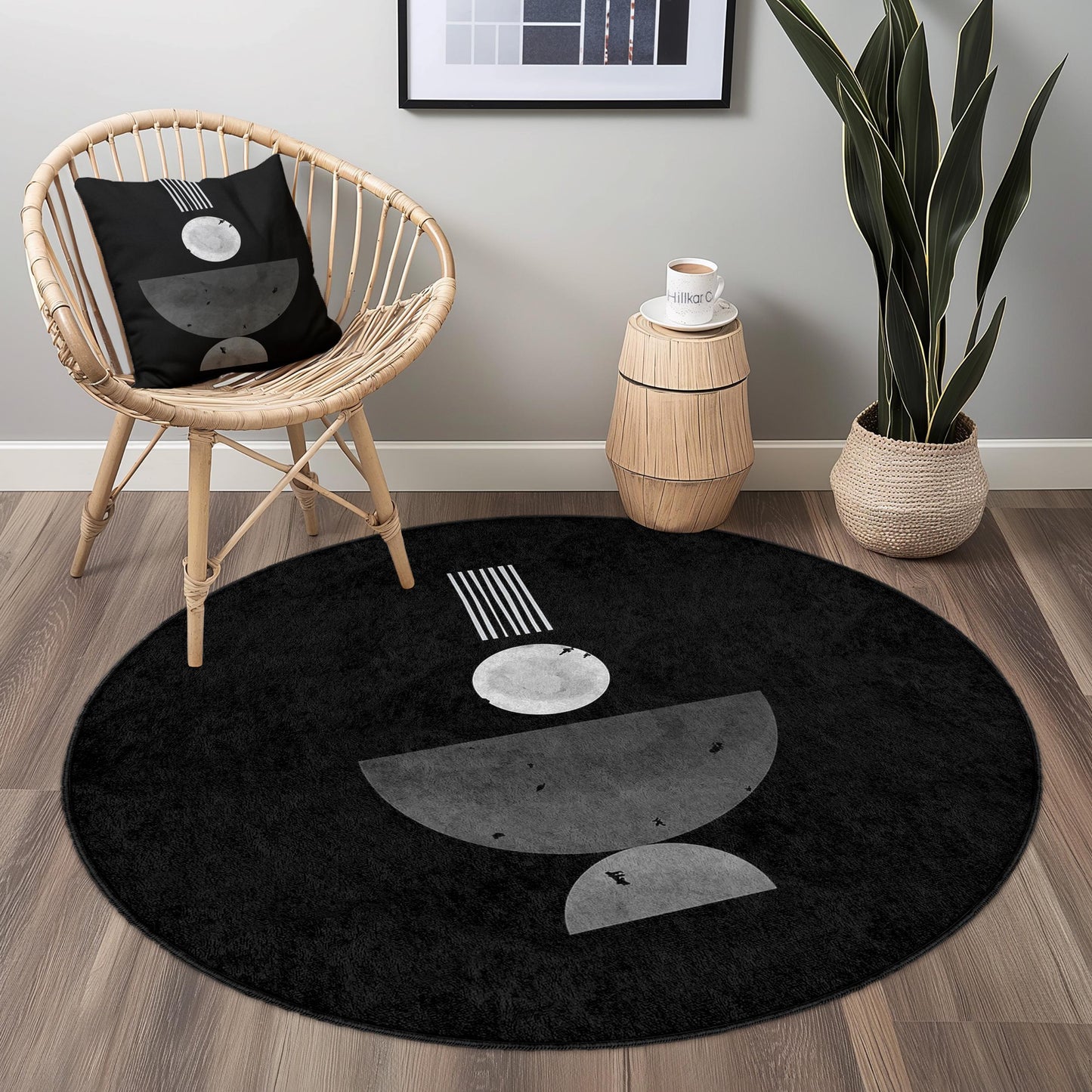 Abstract Geometric Round Area Rug, Black and White Modern Rug, Circular Floor Mat for Living Room, Unique Home Decor Rug